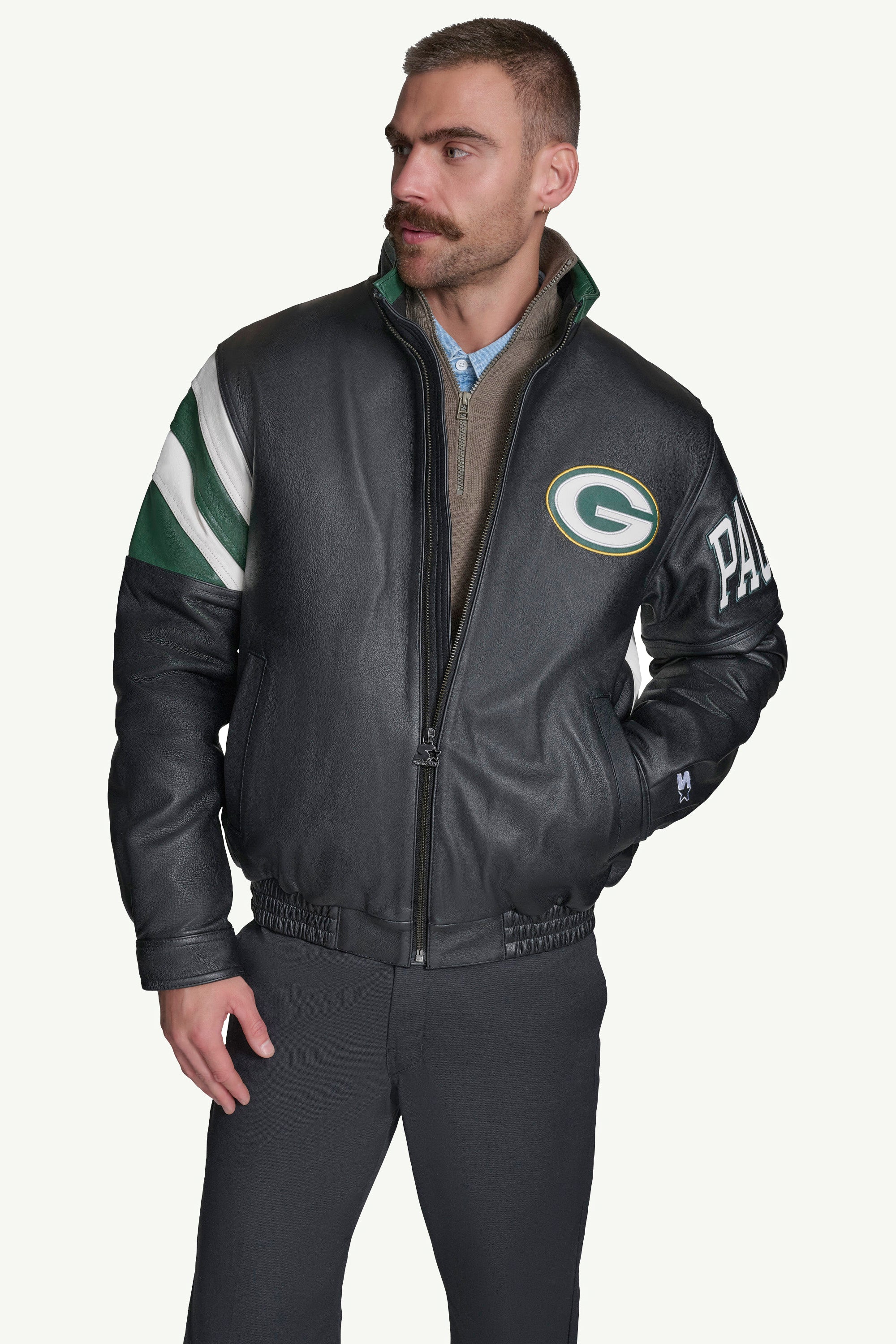 GREEN BAY PACKERS RETRO FULL ZIP LEATHER JACKET