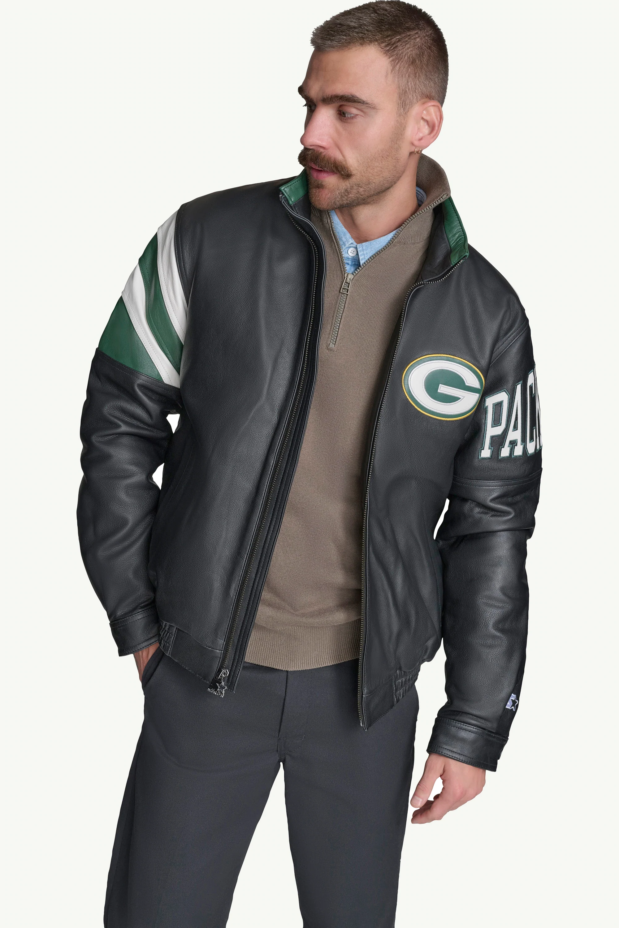 GREEN BAY PACKERS RETRO FULL ZIP LEATHER JACKET - Image 3