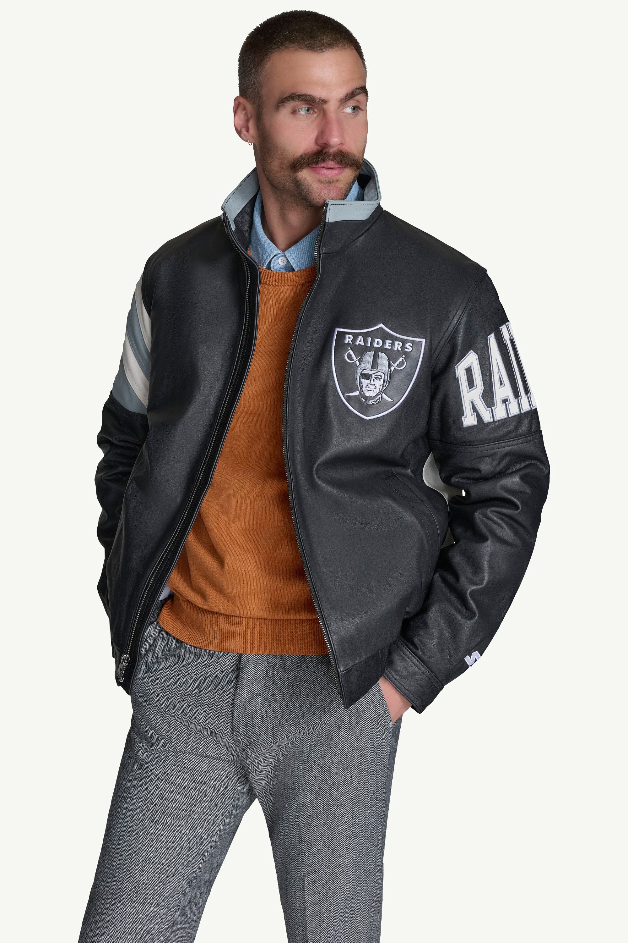 MENS LAS VEGAS RAIDERS RETRO FULL ZIP LEATHER JACKET - Image 3