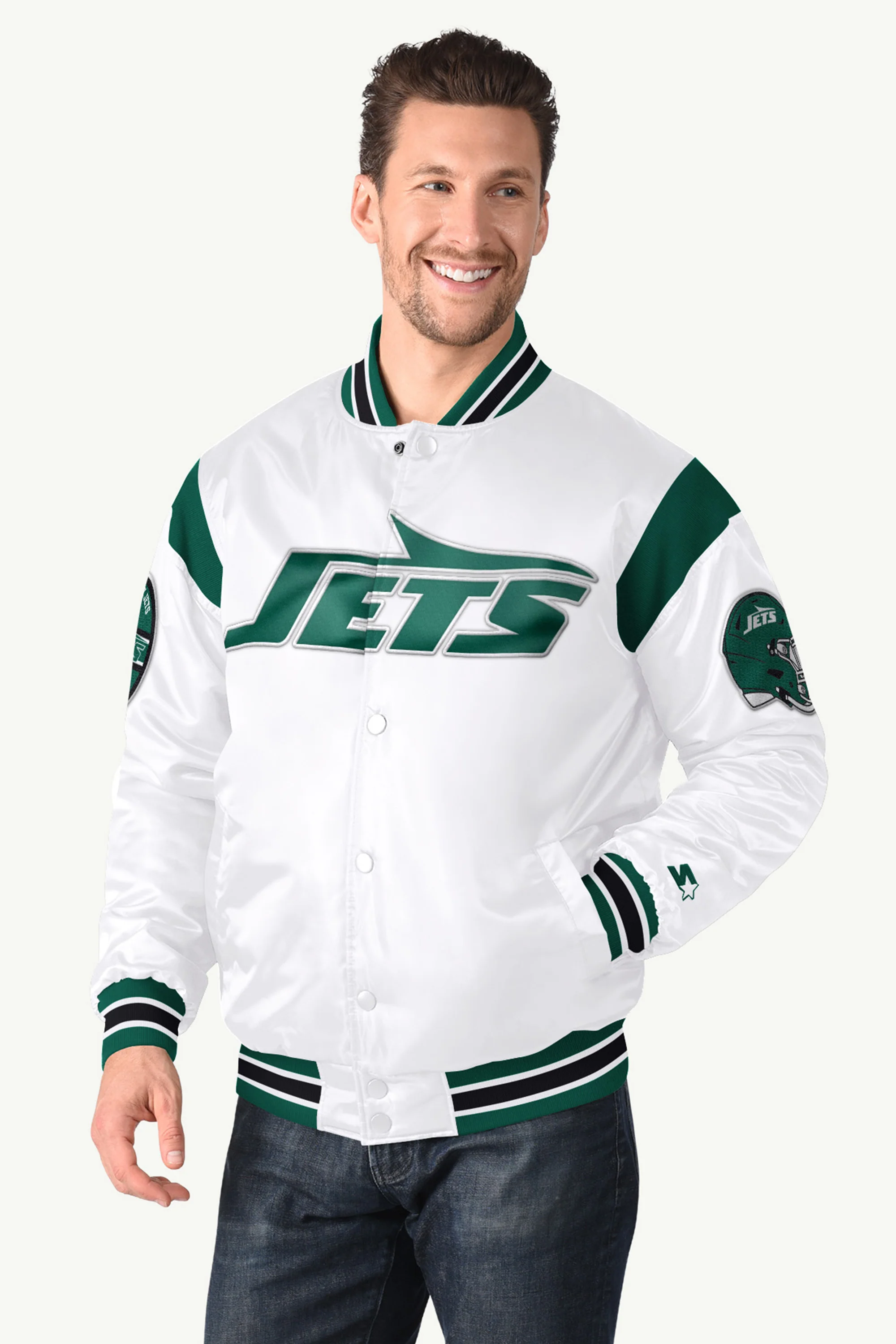 MENS NEW YORK JETS SATIN VARSITY JACKET