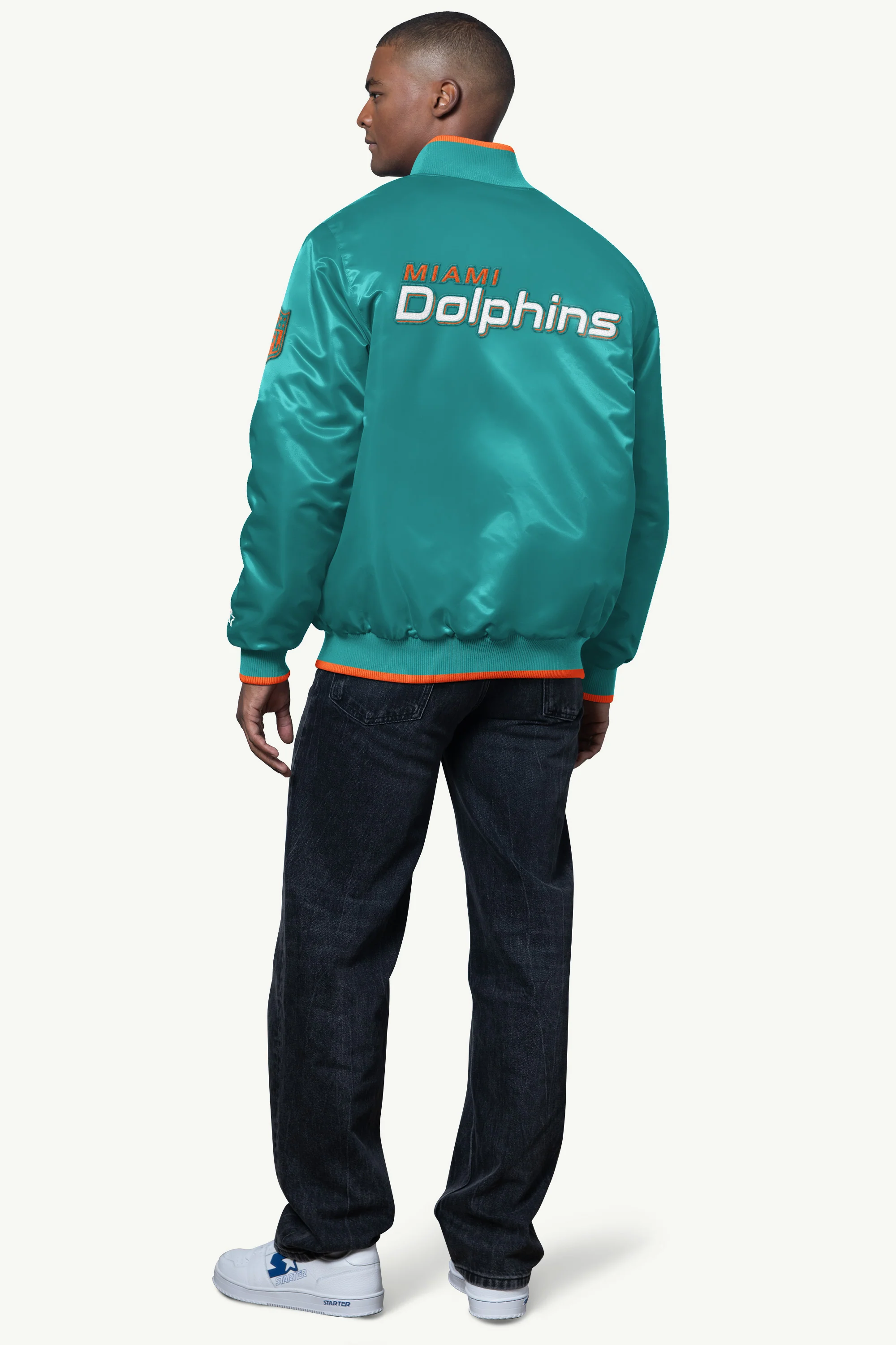 MENS MIAMI DOLPHINS AMBASSADOR SATIN VARSITY JACKET - Image 2