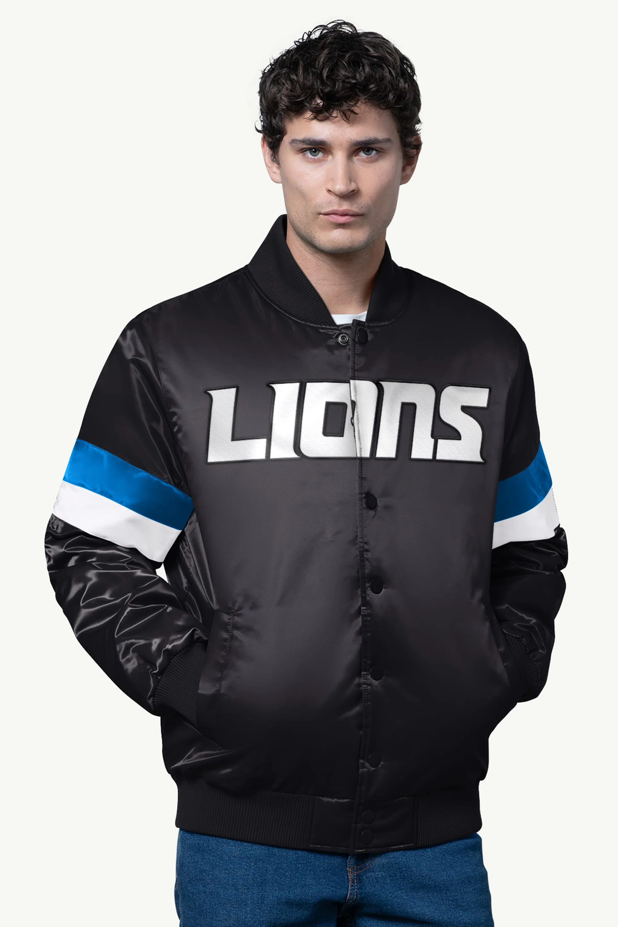 MENS DETROIT LIONS SATIN VARSITY JACKET