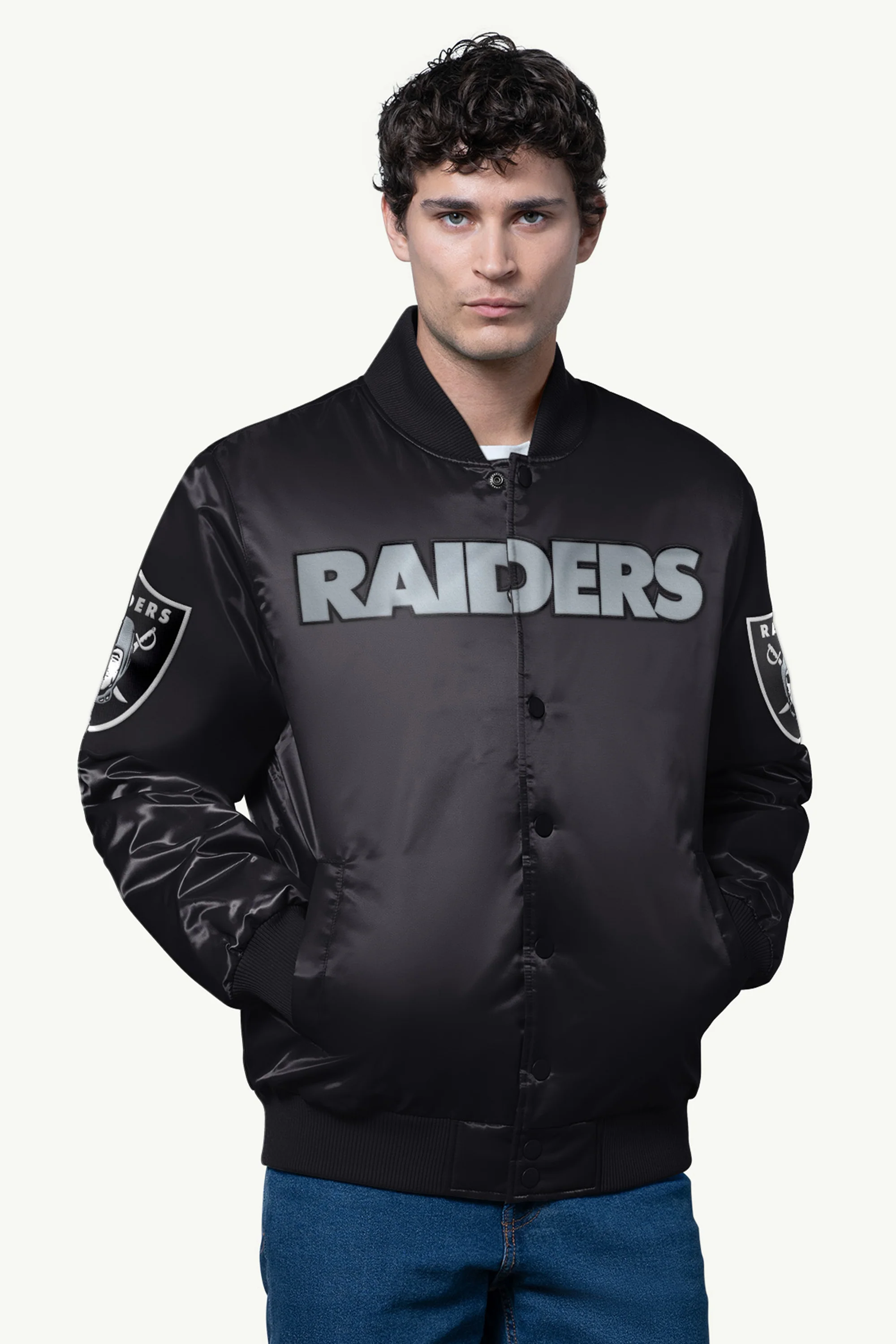 MENS LAS VEGAS RAIDERS SATIN VARSITY JACKET