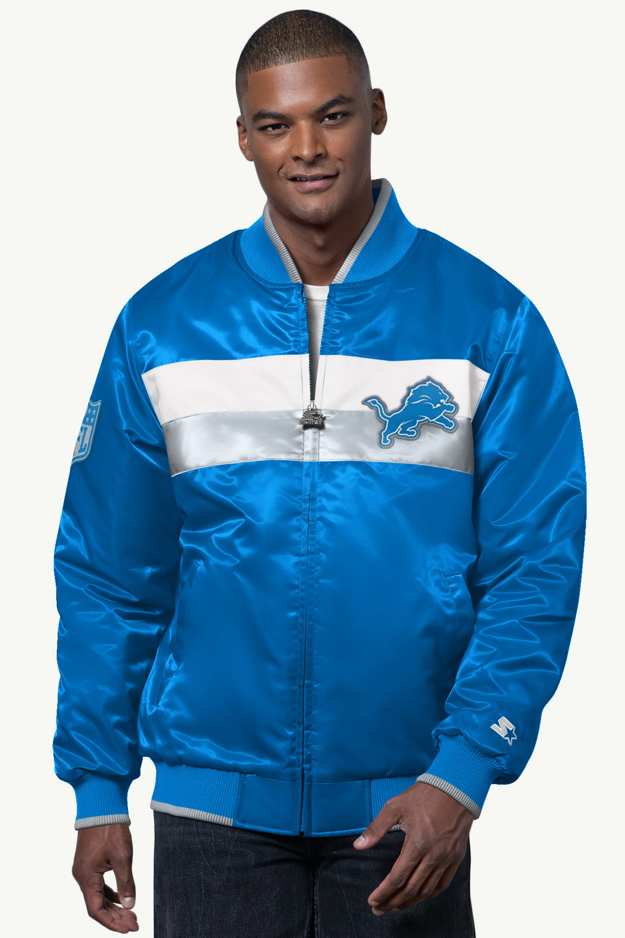 MENS DETROIT LIONS AMBASSADOR SATIN VARSITY JACKET