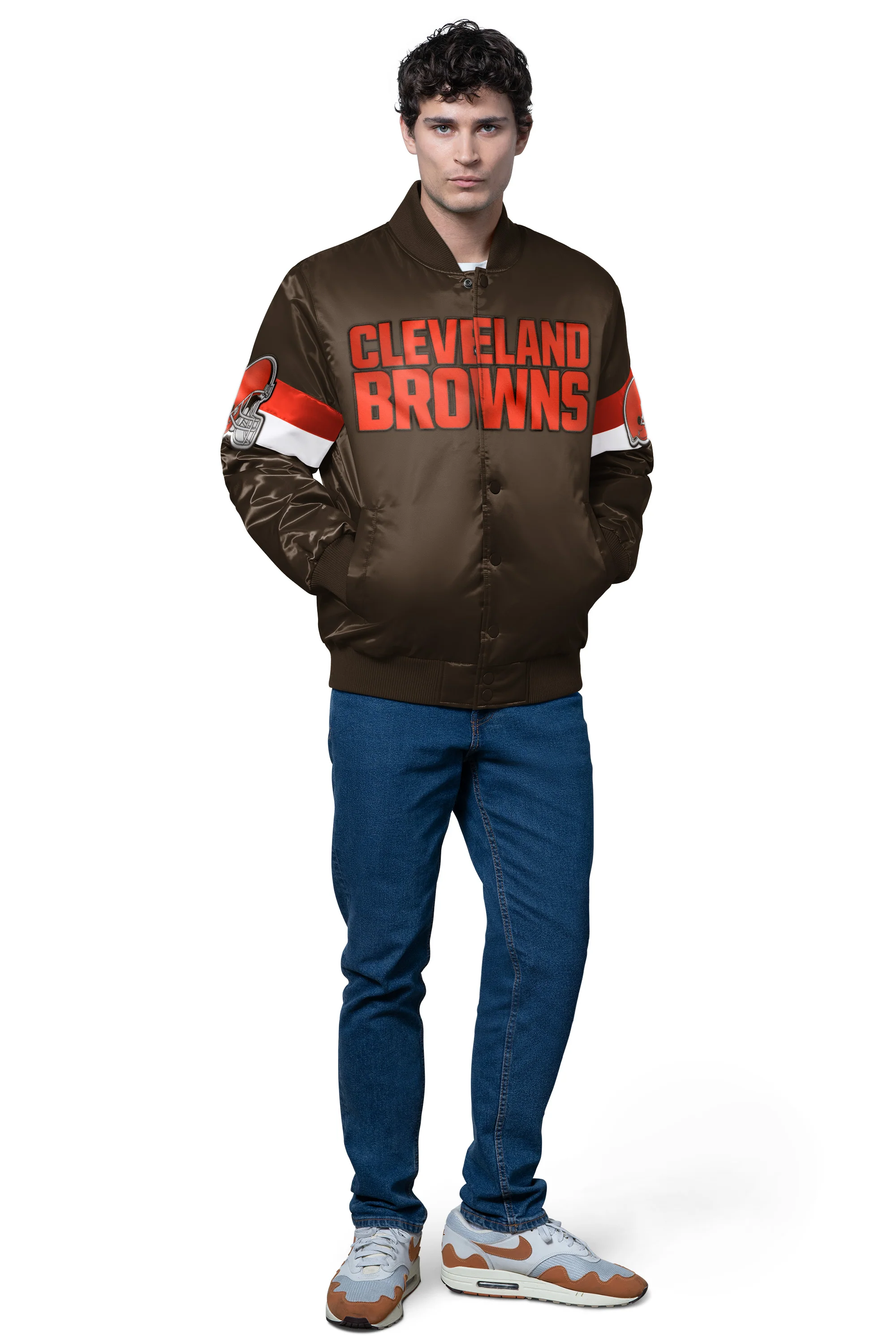 MENS CLEVELAND BROWNS TRIPLE OPTION SATIN VARSITY JACKET - Image 3