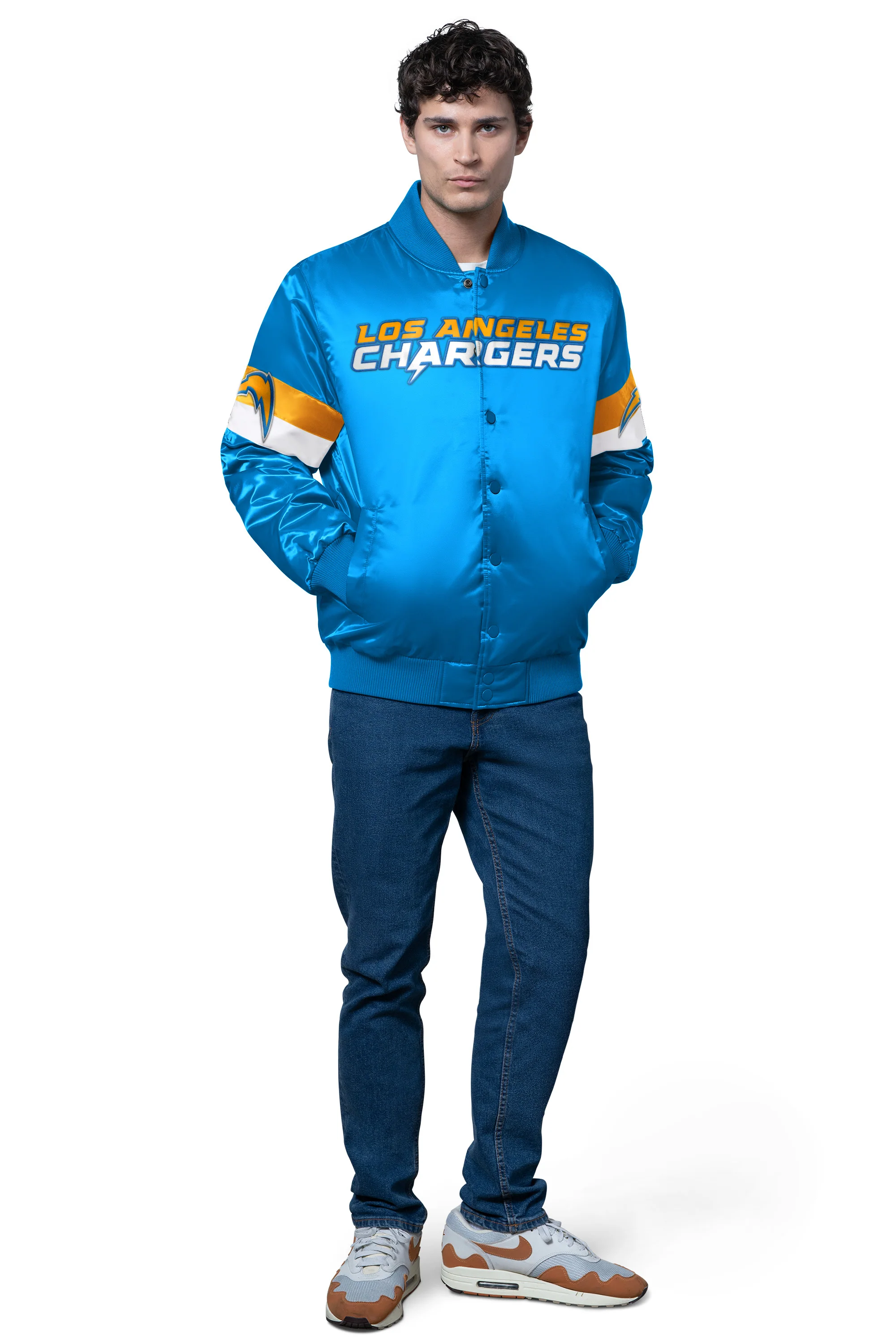 MENS LOS ANGELES CHARGERS TRIPLE OPTION SATIN VARSITY JACKET - Image 3