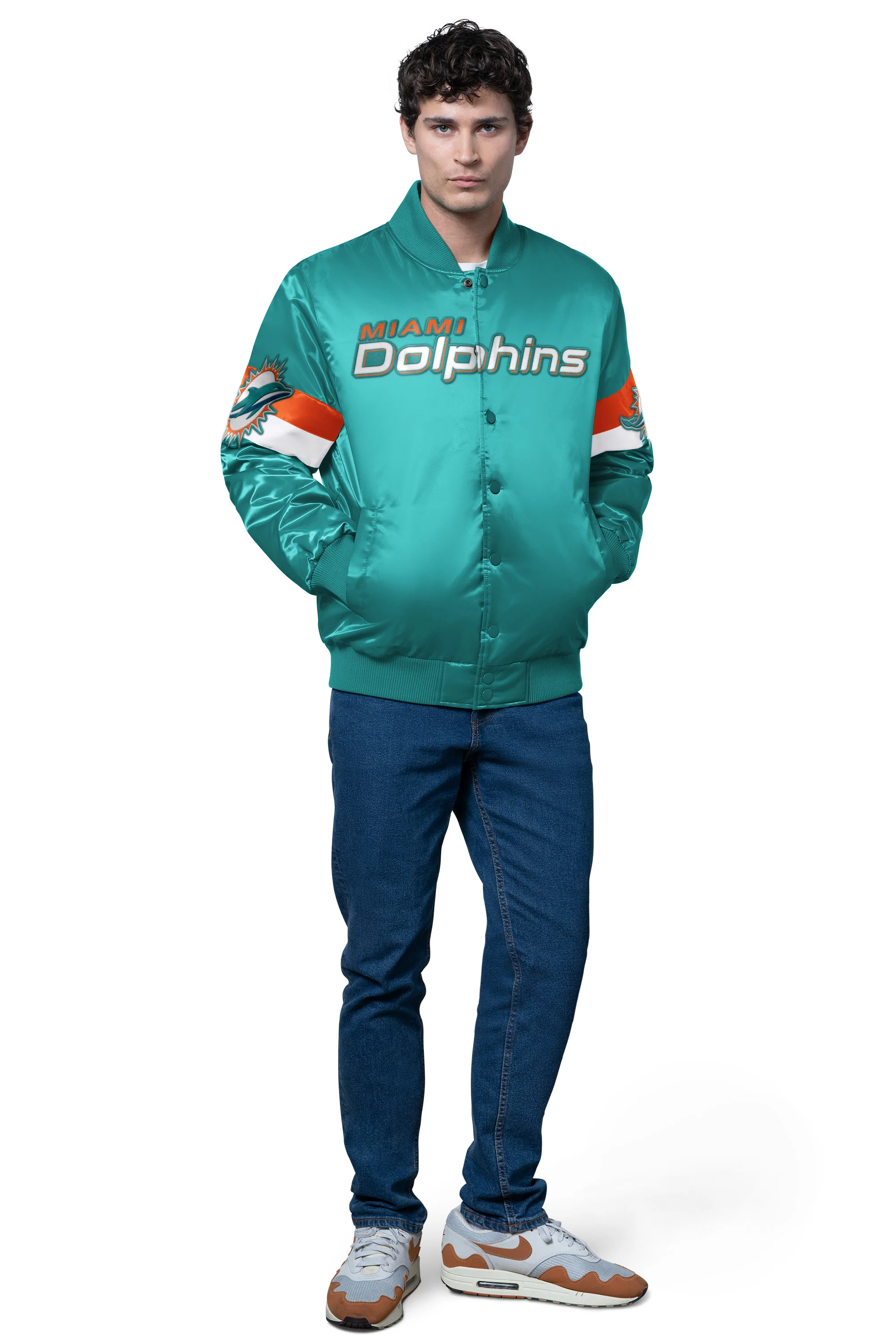 MENS MIAMI DOLPHINS TRIPLE OPTION SATIN VARSITY JACKET - Image 3