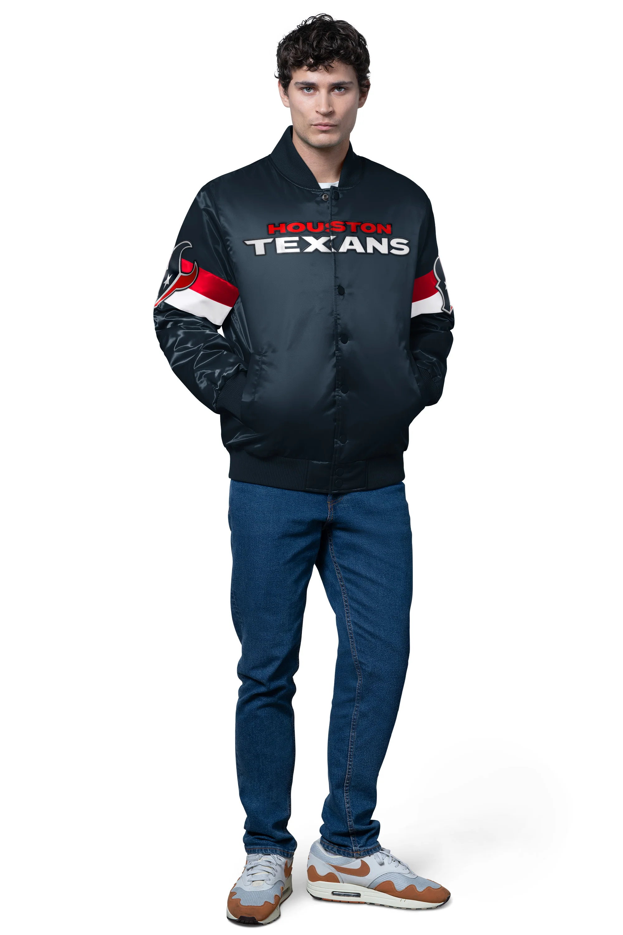MENS HOUSTON TEXANS TRIPLE OPTION SATIN VARSITY JACKET - Image 3