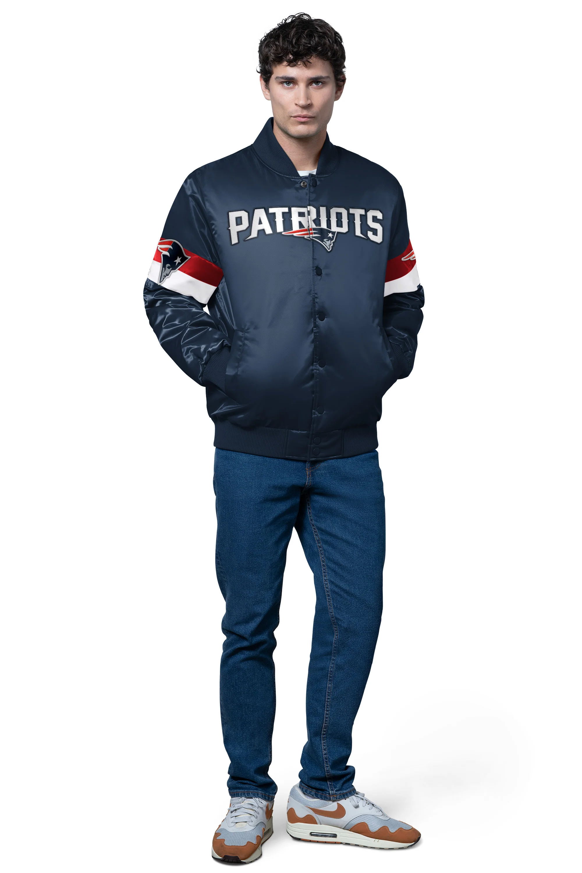 MENS NEW ENGLAND PATRIOTS TRIPLE OPTION SATIN VARSITY JACKET - Image 3