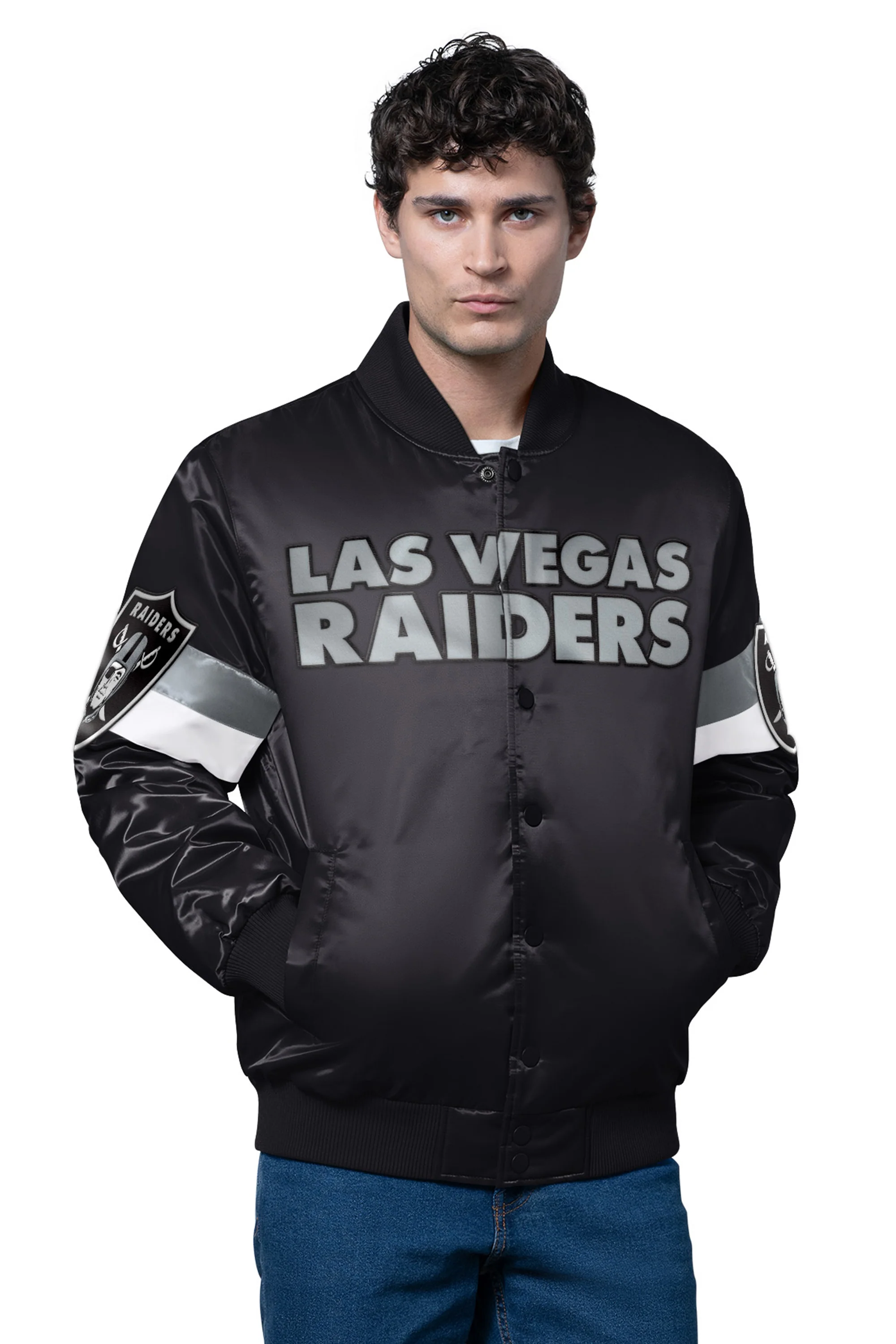MENS LAS VEGAS RAIDERS TRIPLE OPTION SATIN VARSITY JACKET
