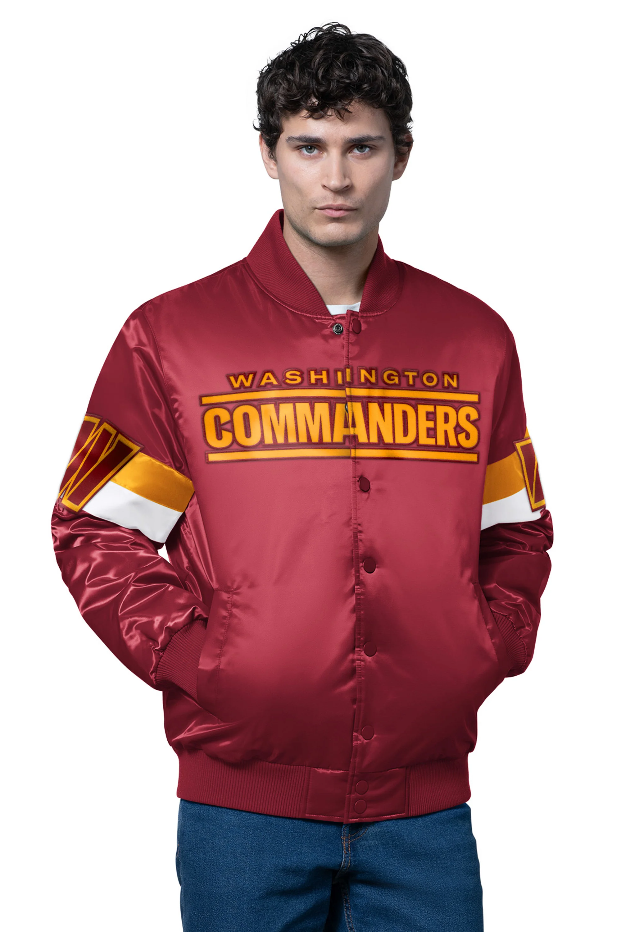 MENS WASHINGTON COMMANDERS TRIPLE OPTION SATIN VARSITY JACKET