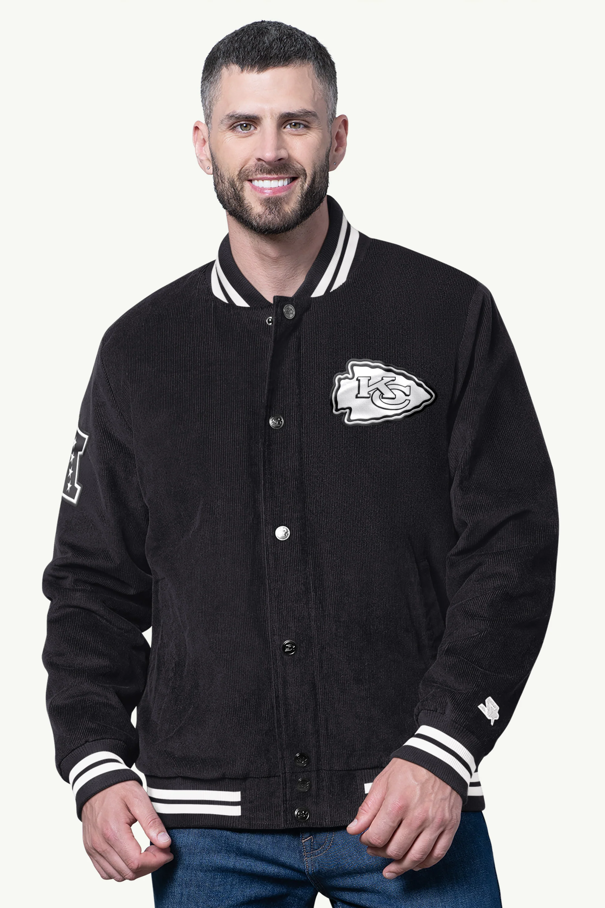 MENS KANSAS CITY CHIEFS BLACKOUT CORDUROY VARSITY JACKET