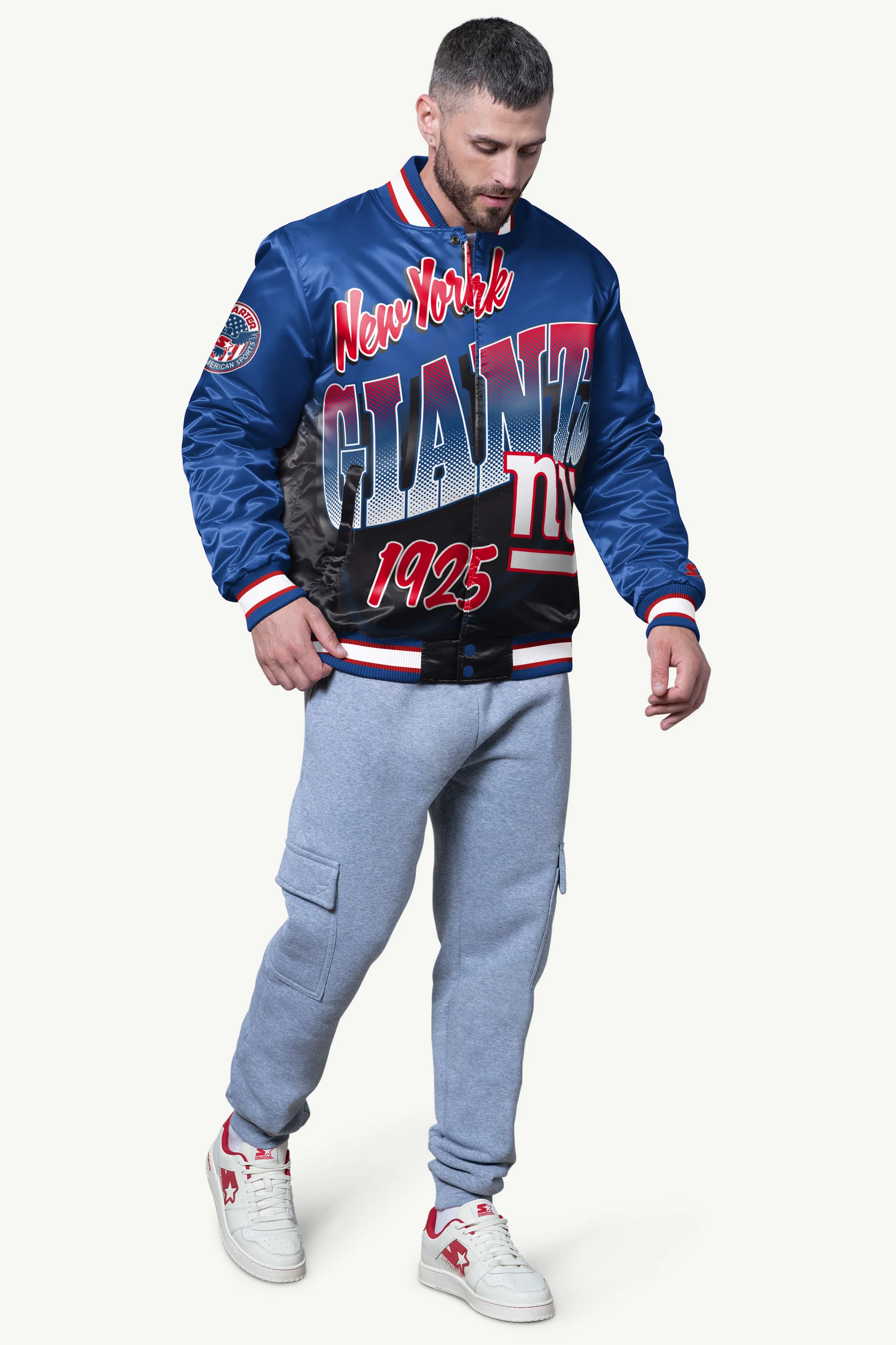 MENS NEW YORK GIANTS PASS RUSH SATIN VARSITY JACKET - Image 3