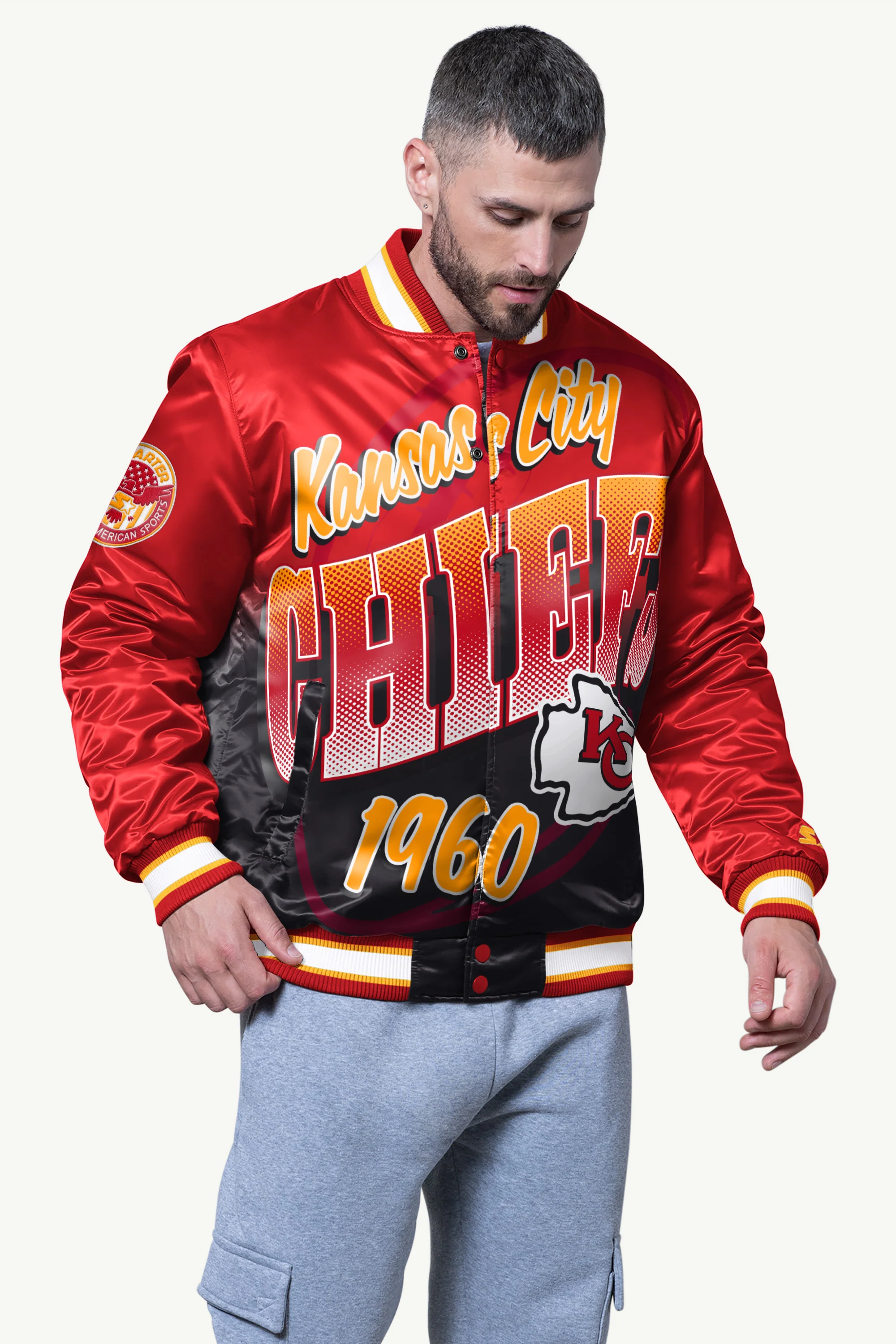 MENS KANSAS CITY CHIEFS PASS RUSH SATIN VARSITY JACKET
