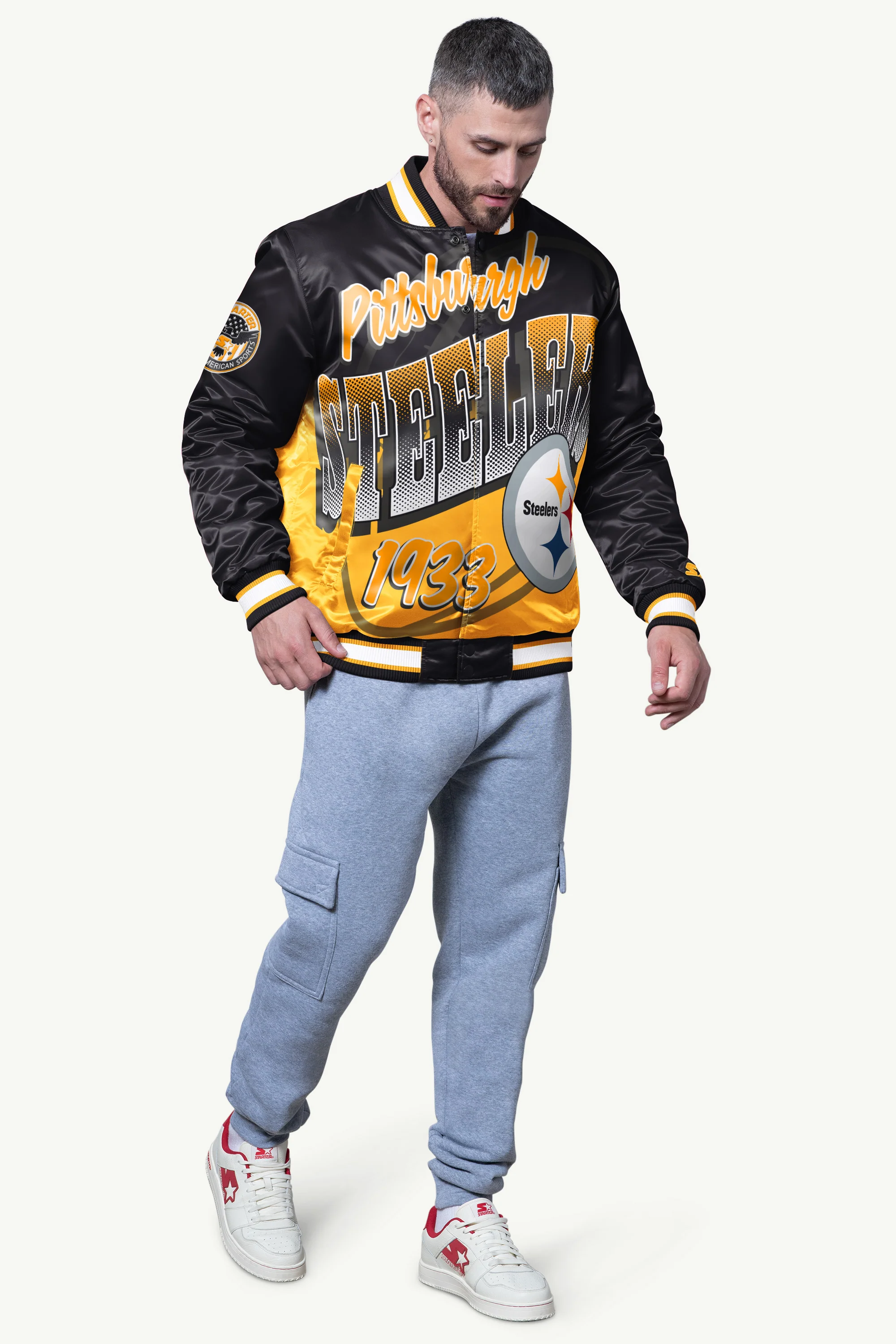 MENS PITTSBURGH STEELERS PASS RUSH SATIN VARSITY JACKET - Image 3