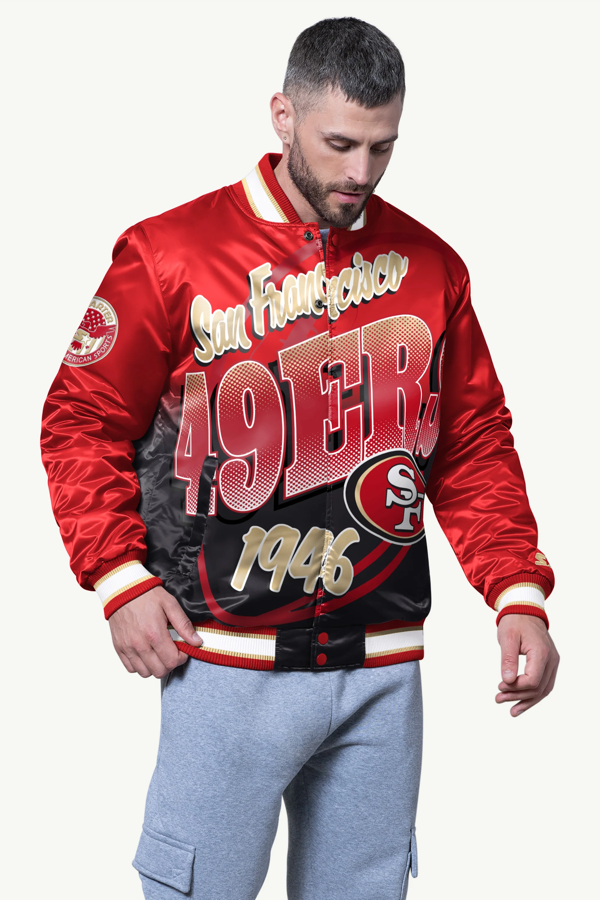MENS SAN FRANCISCO 49ERS PASS RUSH SATIN VARSITY JACKET