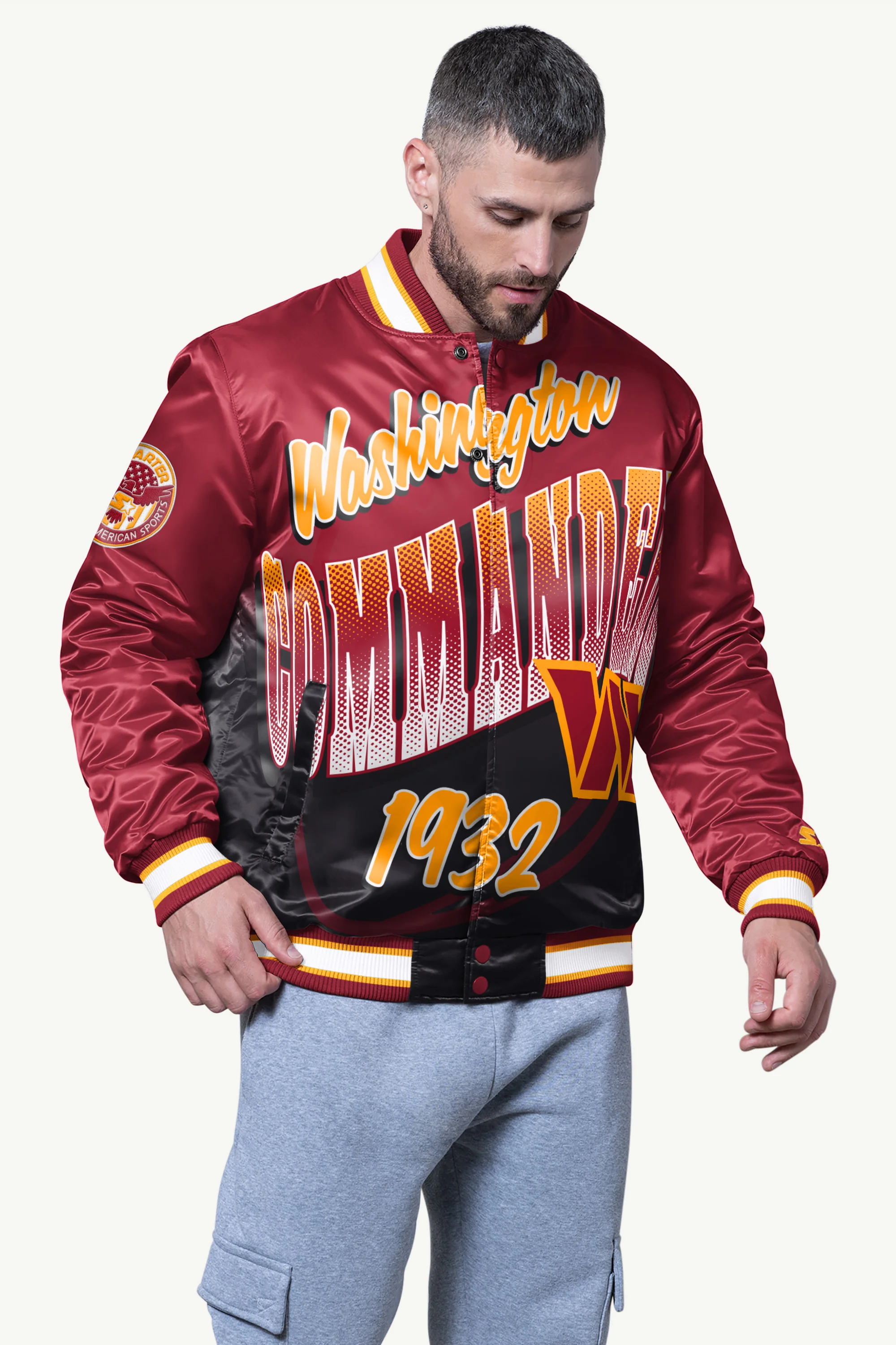 MENS WASHINGTON COMMANDERS PASS RUSH SATIN VARSITY JACKET