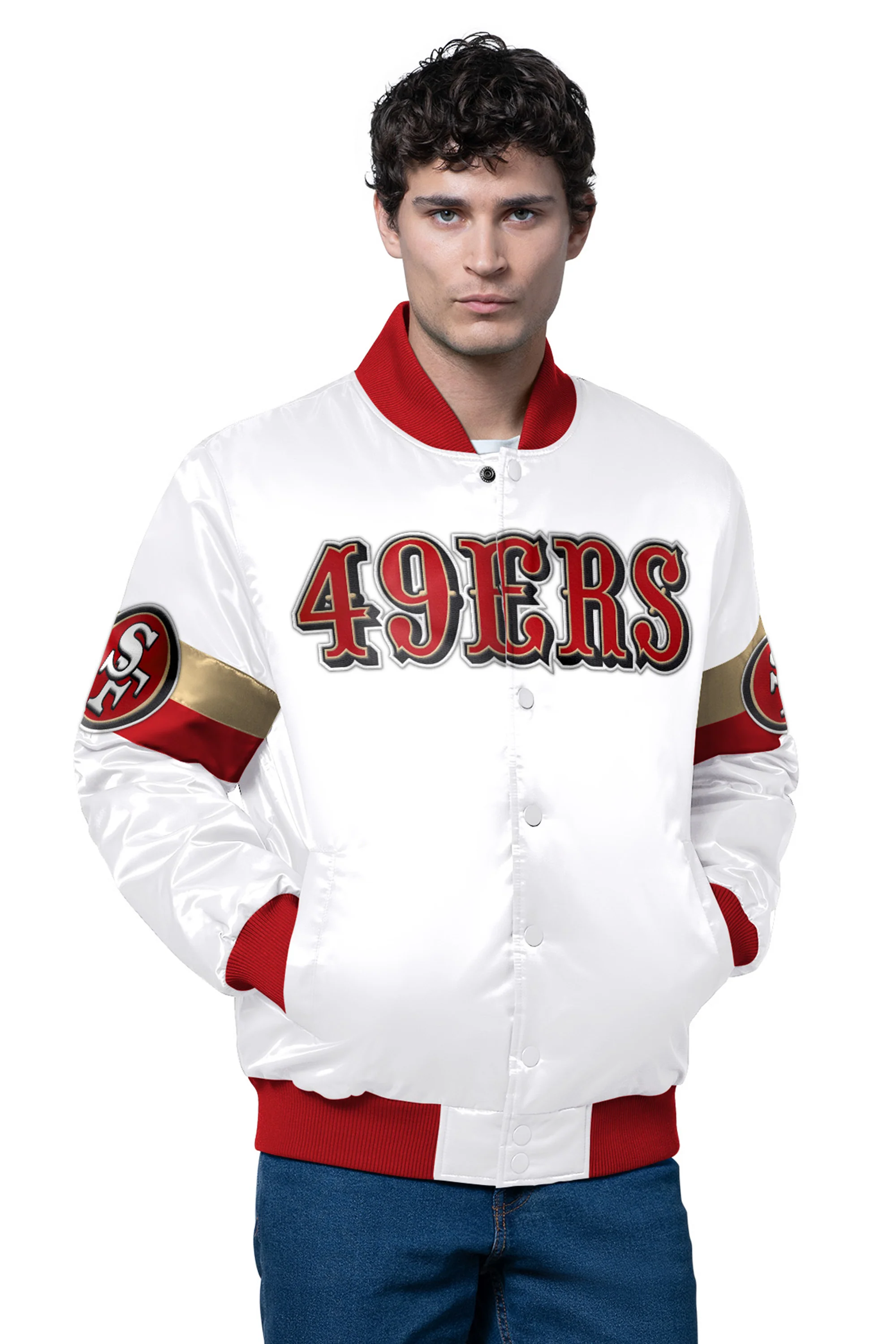 MENS SAN FRANCISCO 49ERS TRIPLE OPTION SATIN VARSITY JACKET