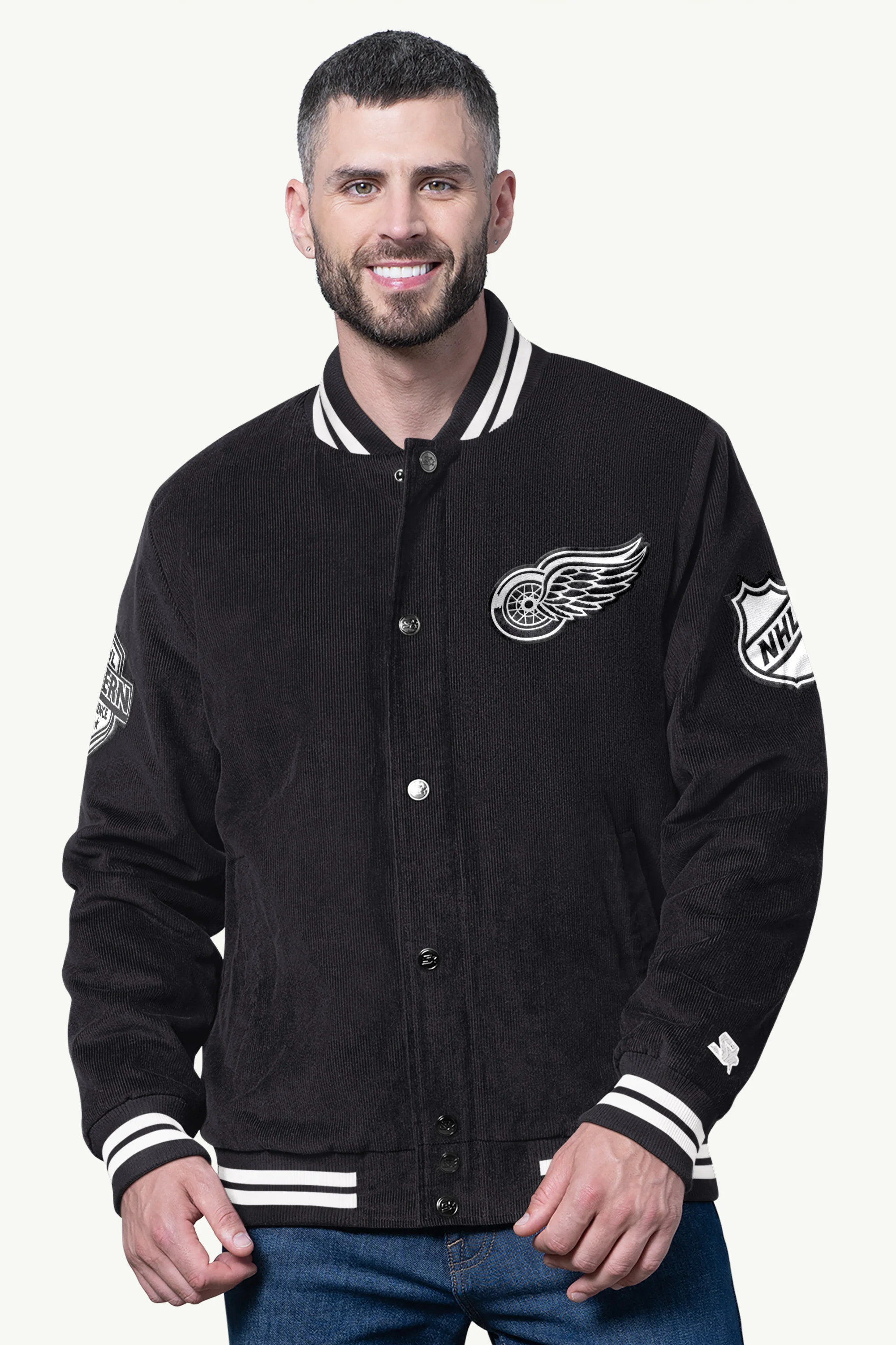 MENS DETROIT RED WINGS BLACKOUT CORDUROY VARSITY JACKET