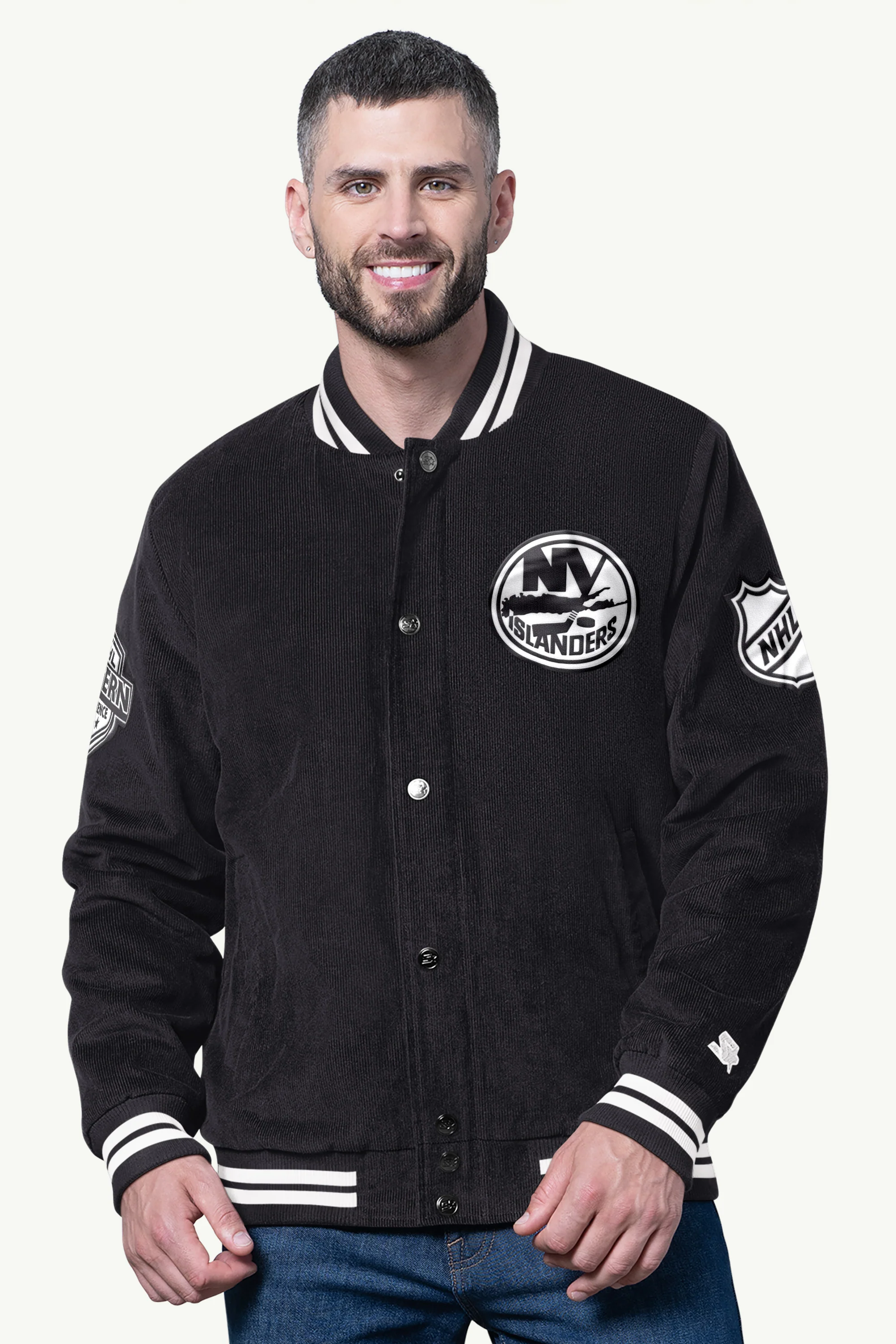 MENS NEW YORK ISLANDERS BLACKOUT CORDUROY VARSITY JACKET