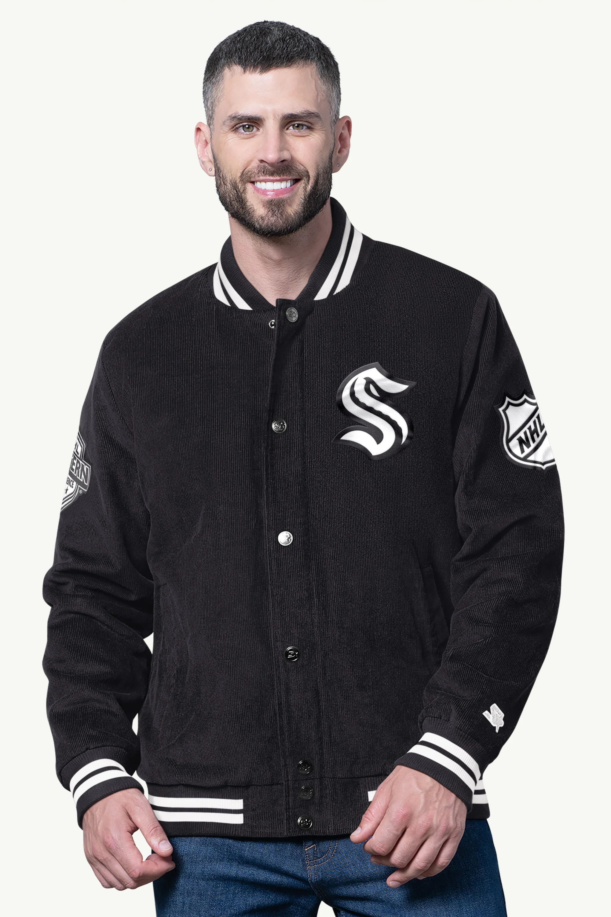MENS SEATTLE KRAKEN BLACKOUT CORDUROY VARSITY JACKET