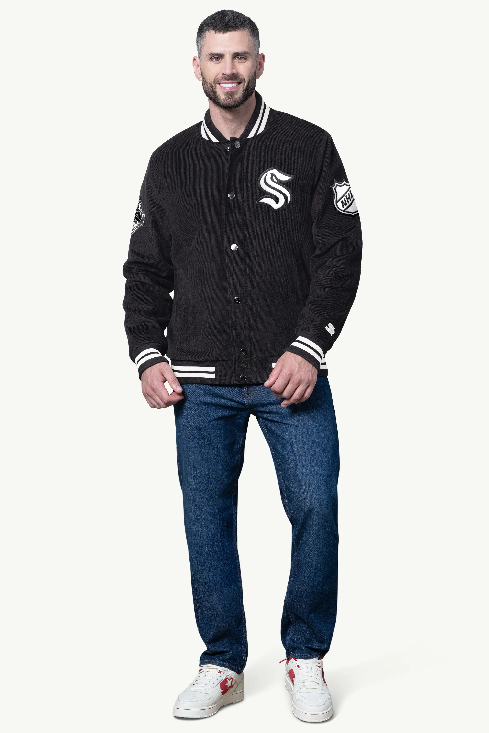 MENS SEATTLE KRAKEN BLACKOUT CORDUROY VARSITY JACKET - Image 3