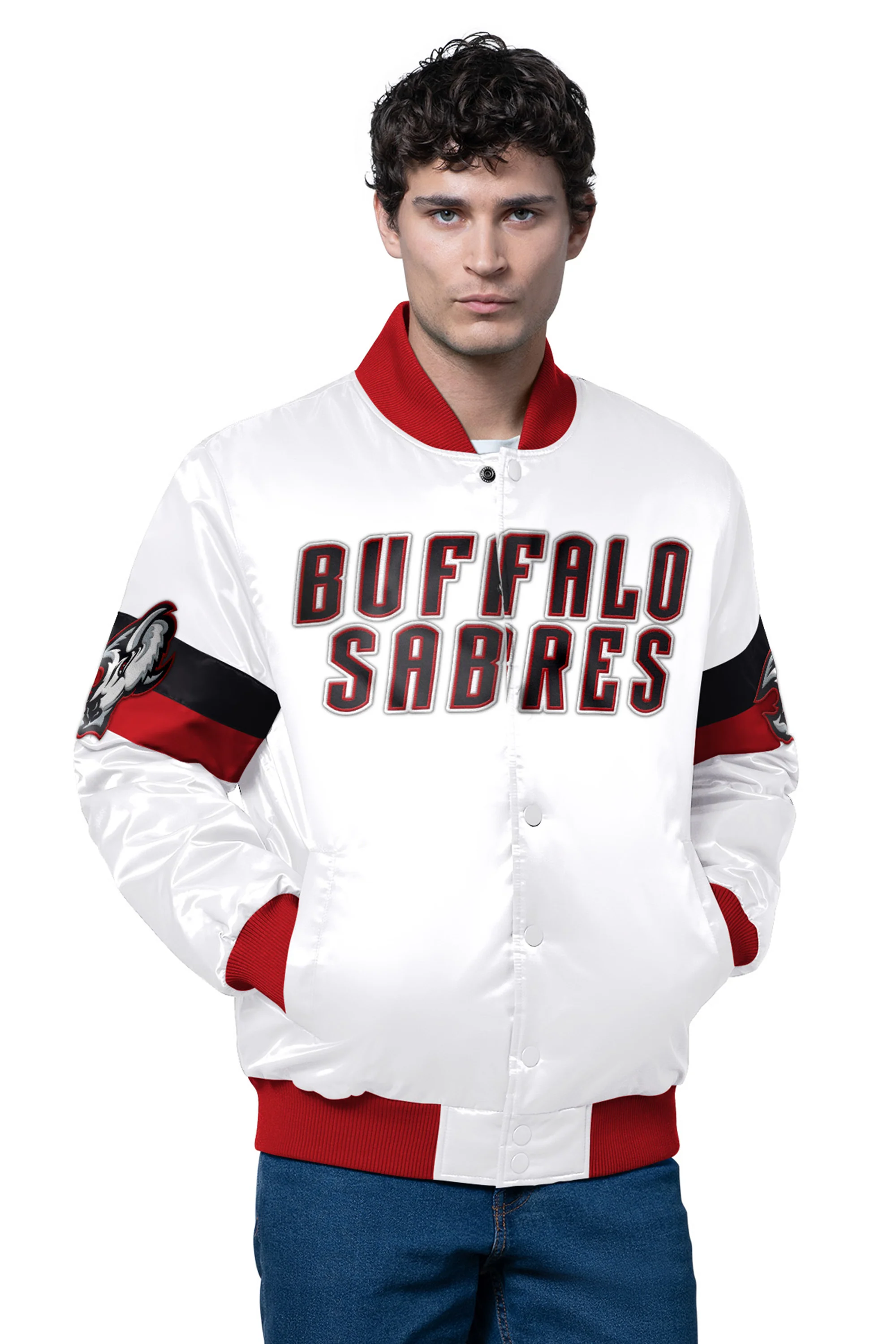 MENS BUFFALO SABRES TRIPLE OPTION SATIN VARSITY JACKET