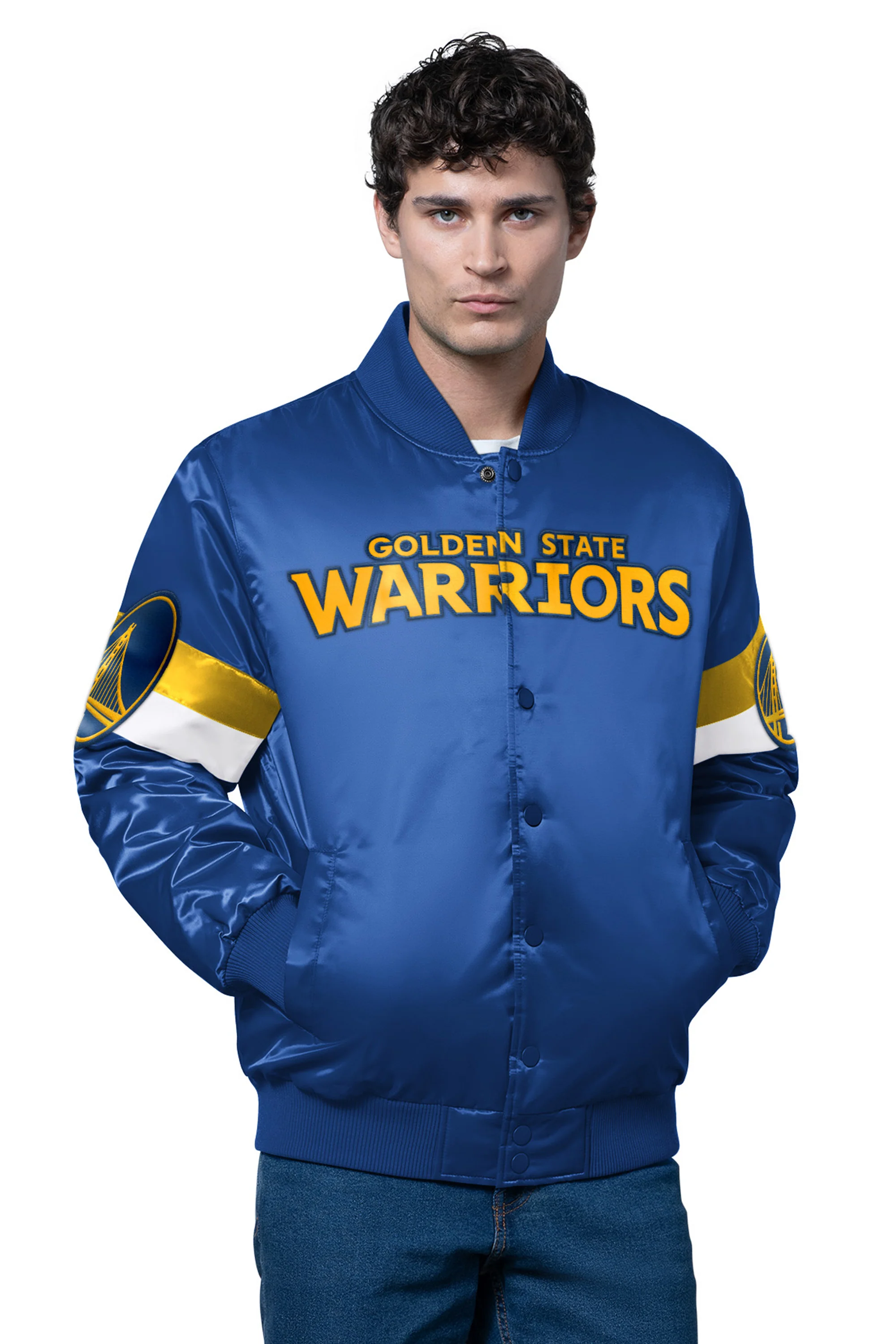 MENS GOLDEN STATE WARRIORS TRIPLE OPTION SATIN VARSITY JACKET