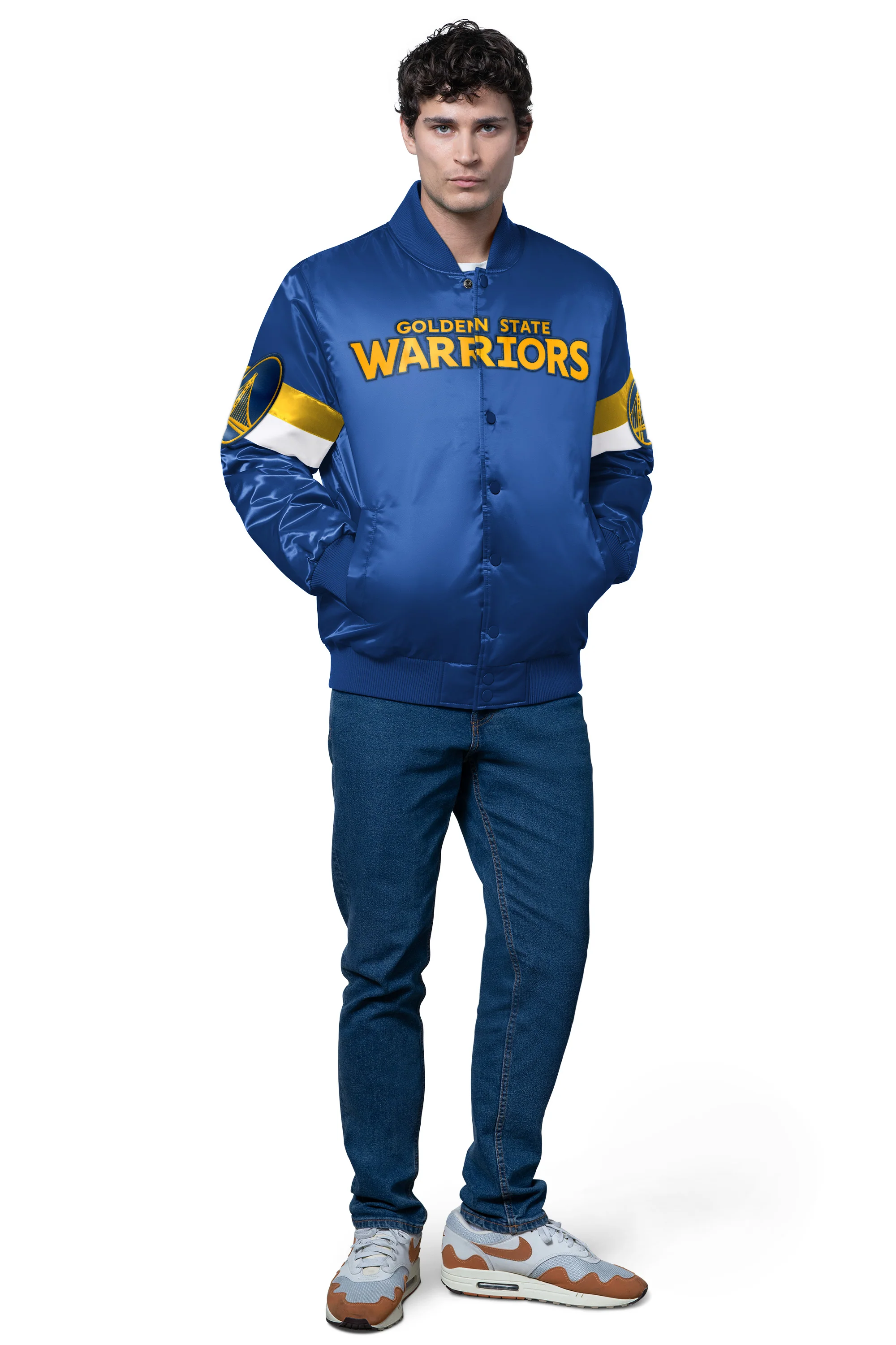 MENS GOLDEN STATE WARRIORS TRIPLE OPTION SATIN VARSITY JACKET - Image 2
