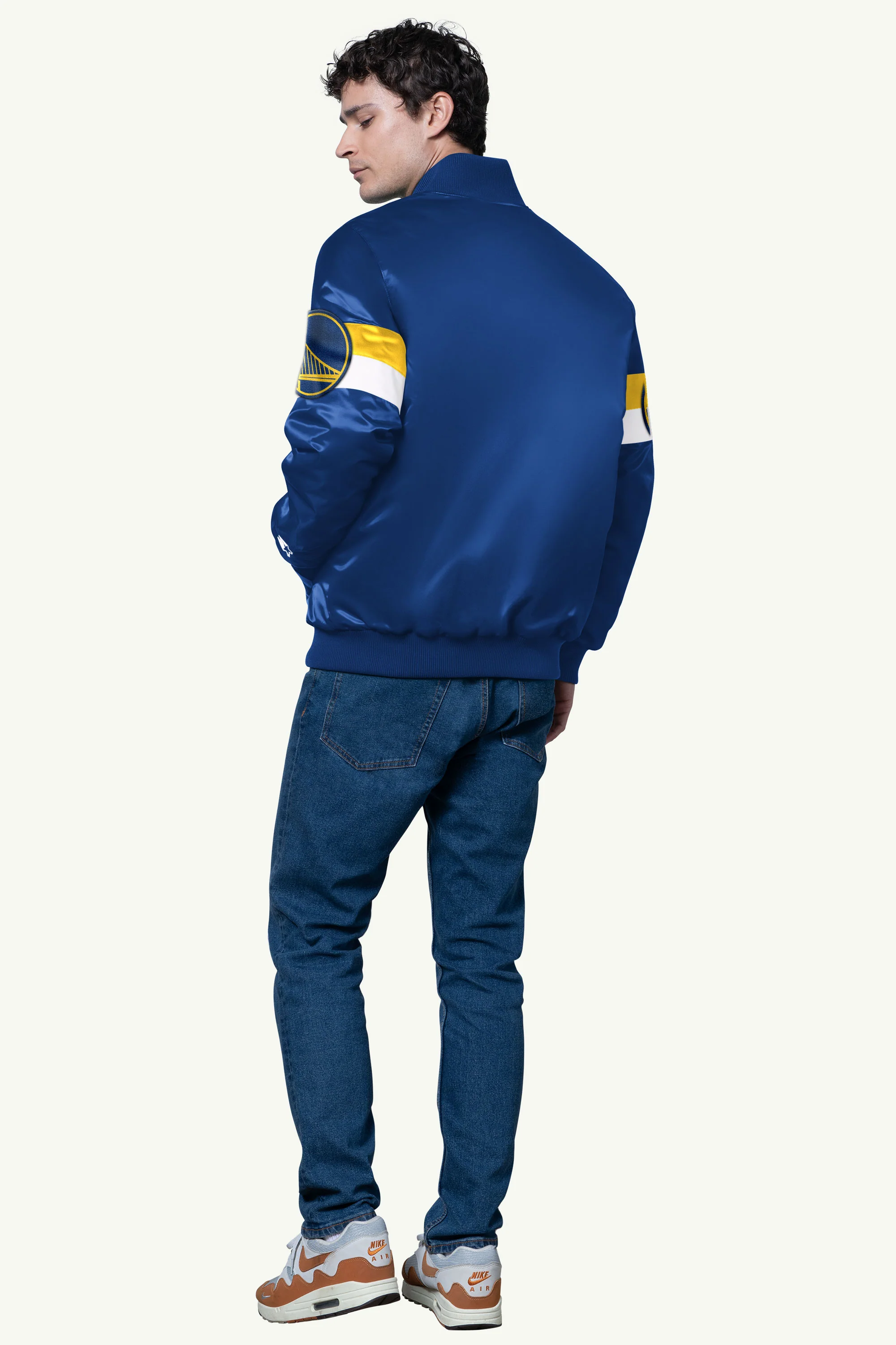 MENS GOLDEN STATE WARRIORS TRIPLE OPTION SATIN VARSITY JACKET - Image 3