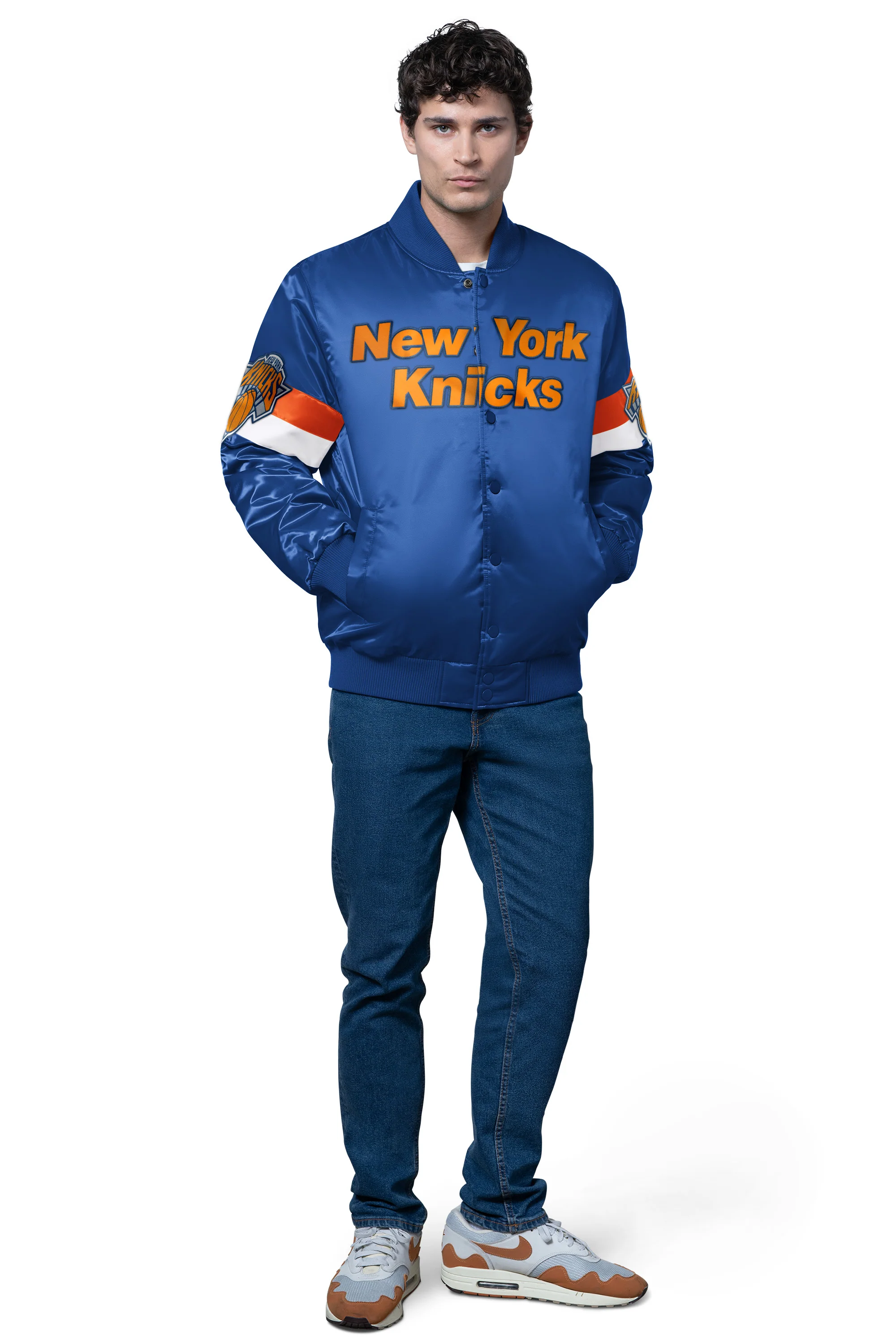 MENS NEW YORK KNICKS TRIPLE OPTION SATIN VARSITY JACKET - Image 3