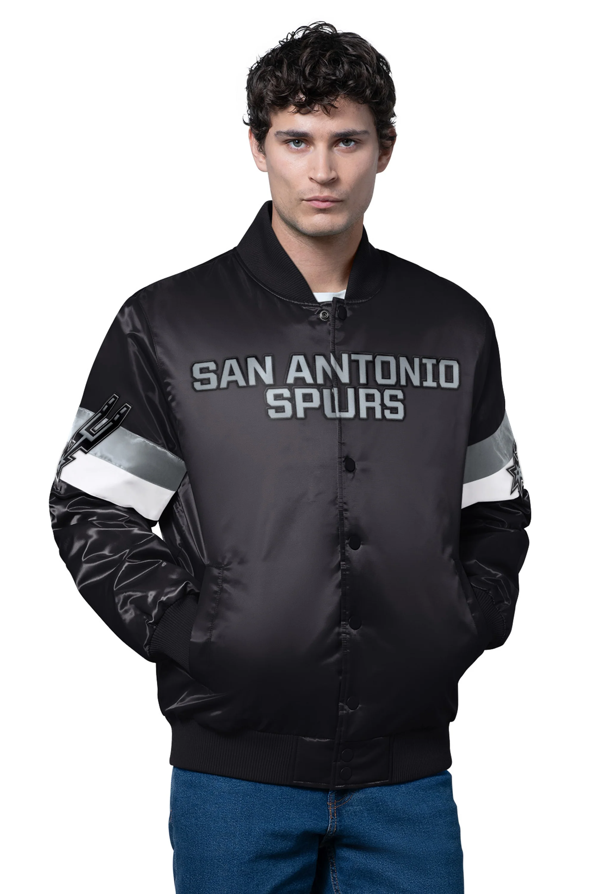 MENS SAN ANTONIO SPURS TRIPLE OPTION SATIN VARSITY JACKET