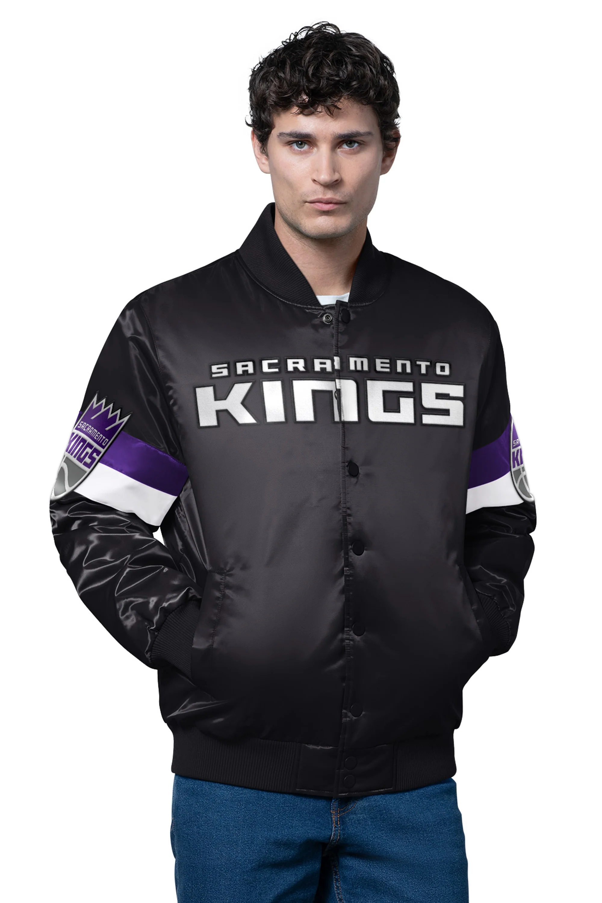 MENS SACRAMENTO KINGS TRIPLE OPTION SATIN VARSITY JACKET