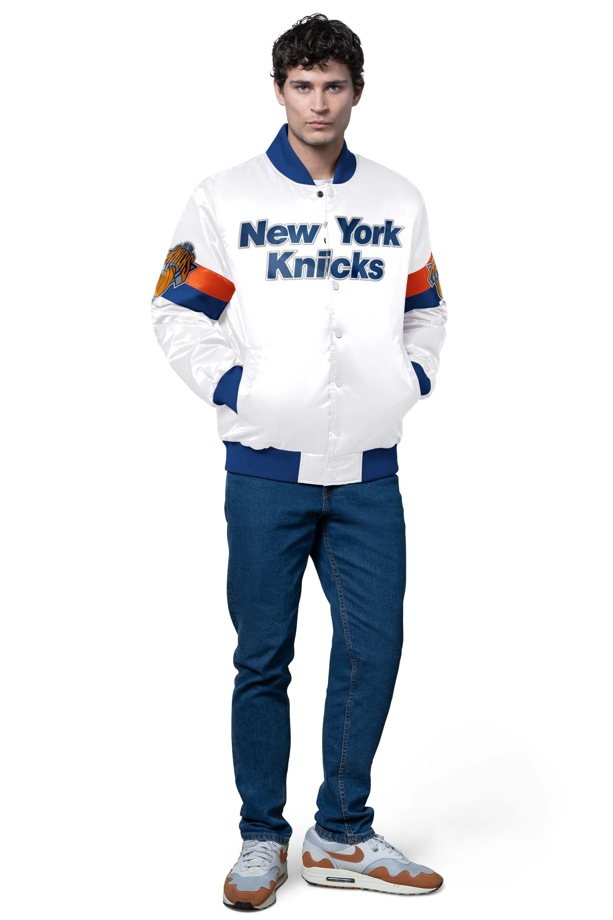 MENS NEW YORK KNICKS TRIPLE OPTION SATIN VARSITY JACKET - Image 3