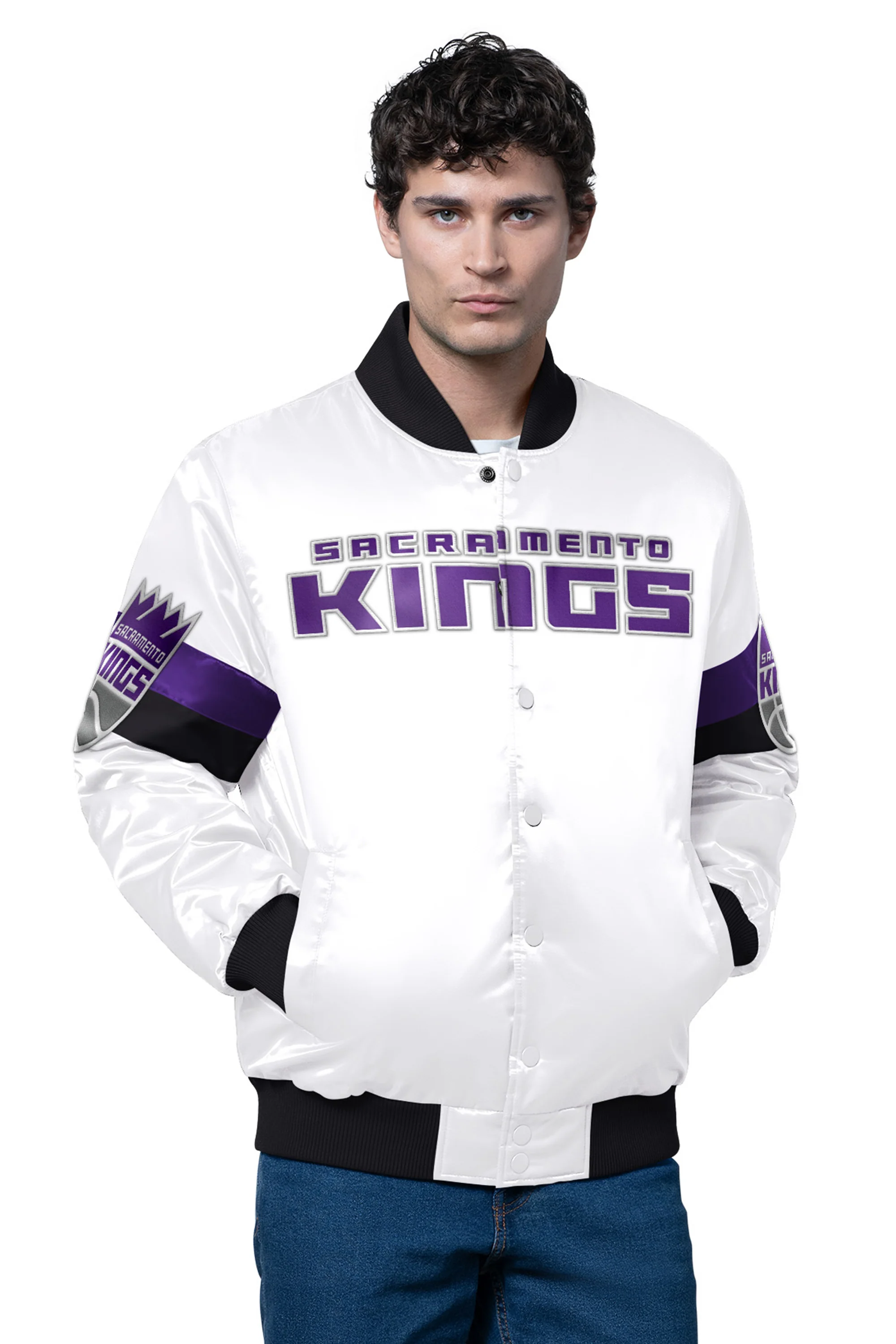MENS SACRAMENTO KINGS TRIPLE OPTION SATIN VARSITY JACKET