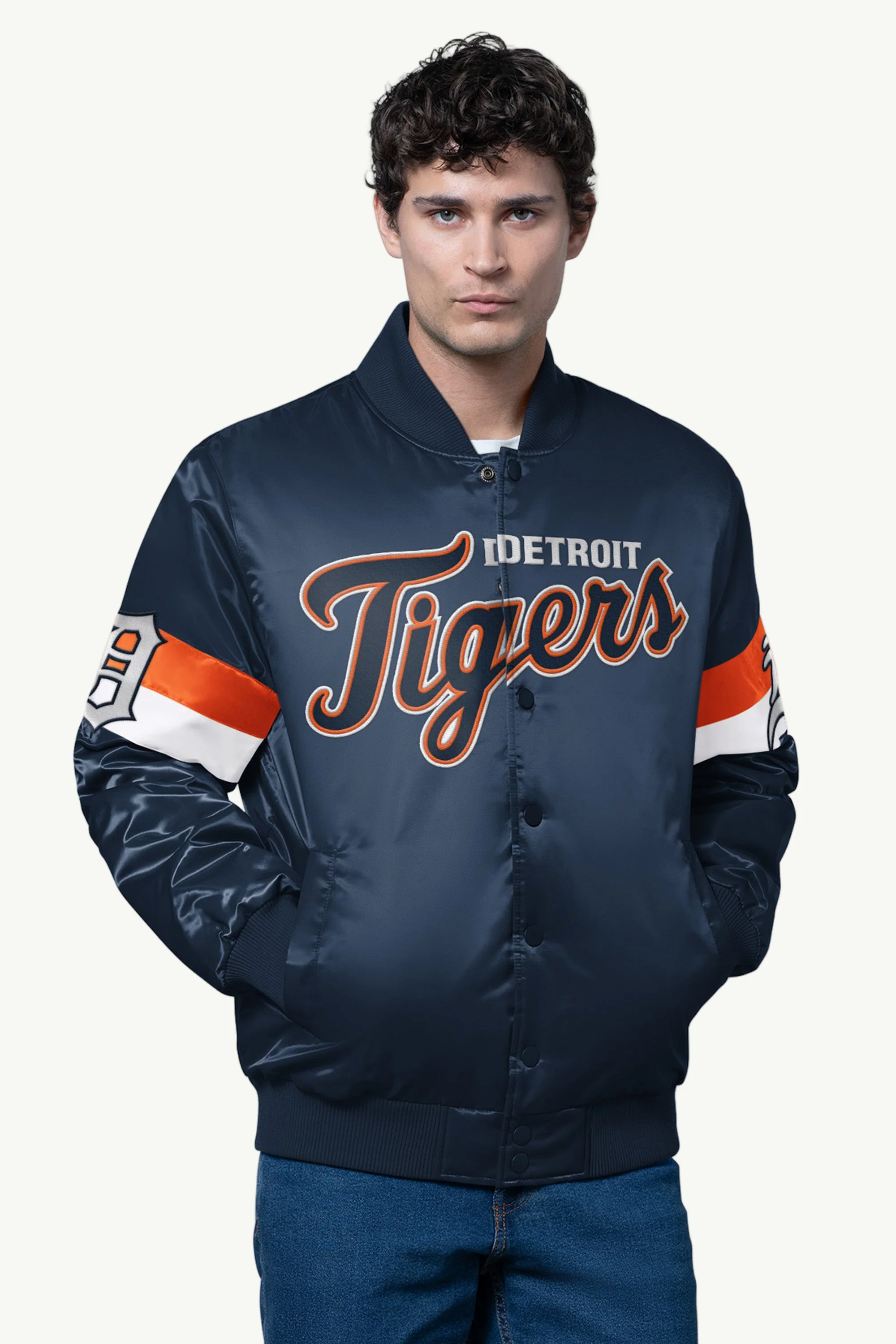 MENS DETROIT TIGERS TRIPLE OPTION SATIN VARSITY JACKET