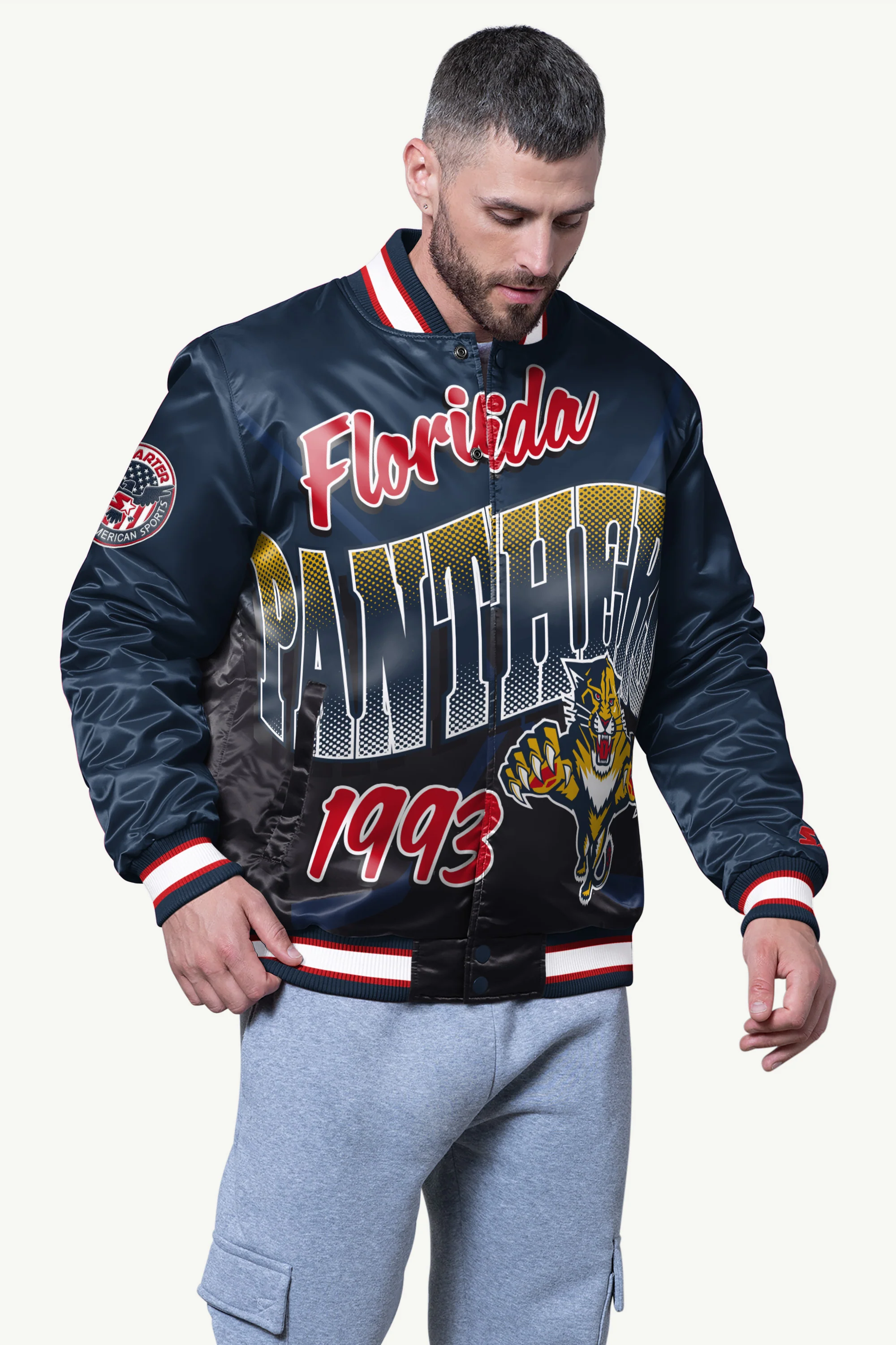 MENS FLORIDA PANTHERS PASS RUSH SATIN VARSITY JACKET