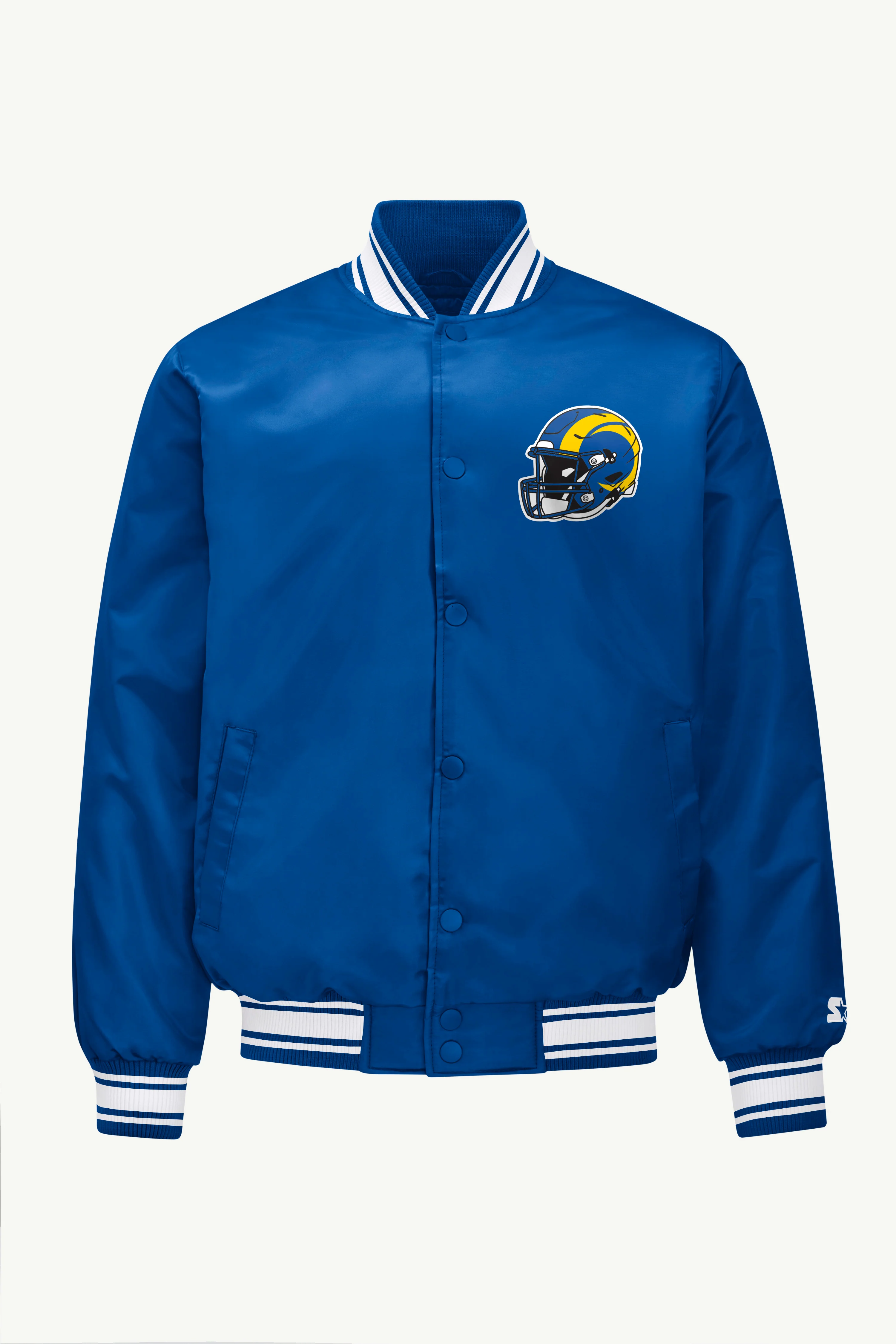 MENS LOS ANGELES RAMS TRIANGLE PRINTED GRAPHIC SATIN VARSITY JACKET