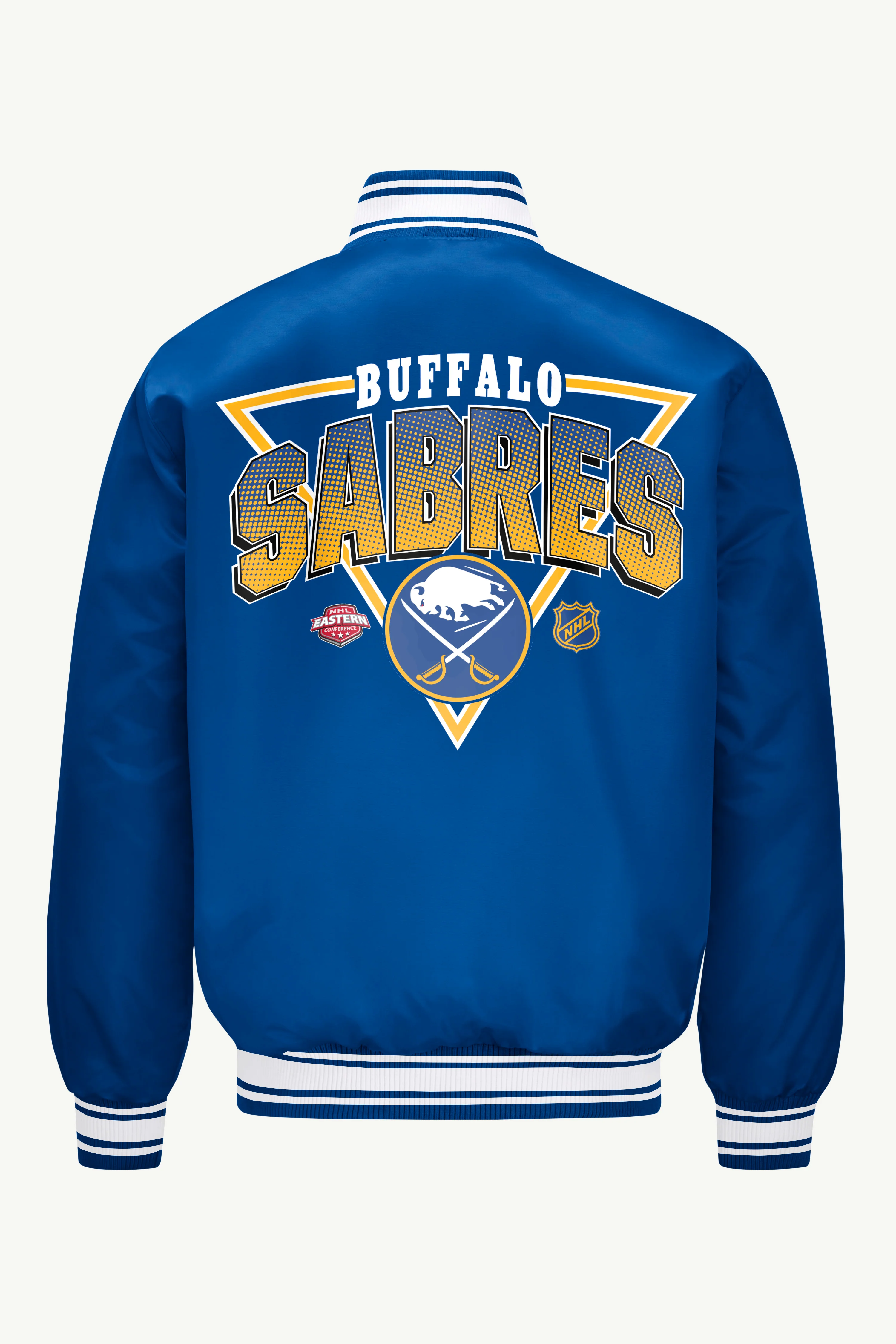 MENS BUFFALO SABRES PRINTED GRAPHIC TRIANGLE SATIN VARSITY JACKET - Image 2