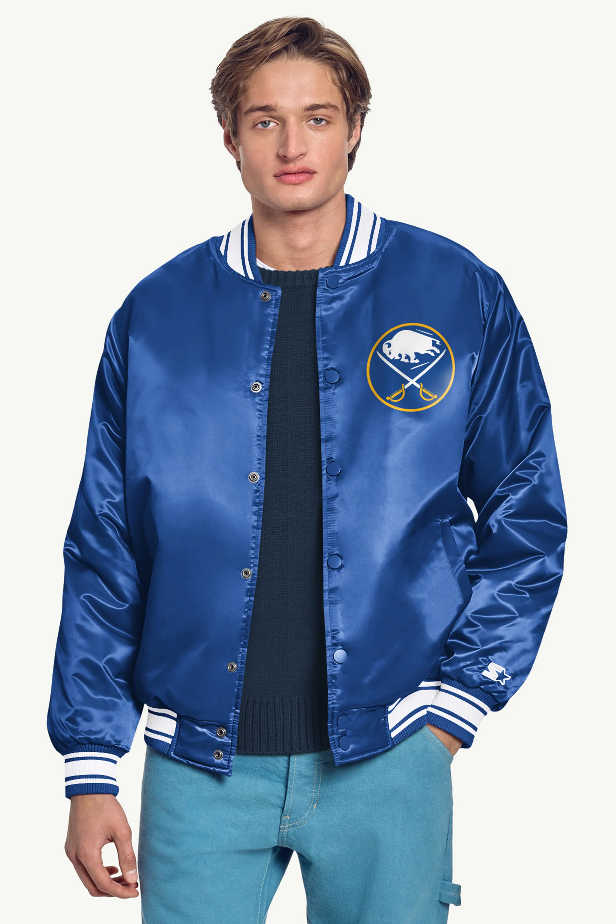MENS BUFFALO SABRES PRINTED GRAPHIC TRIANGLE SATIN VARSITY JACKET - Image 3