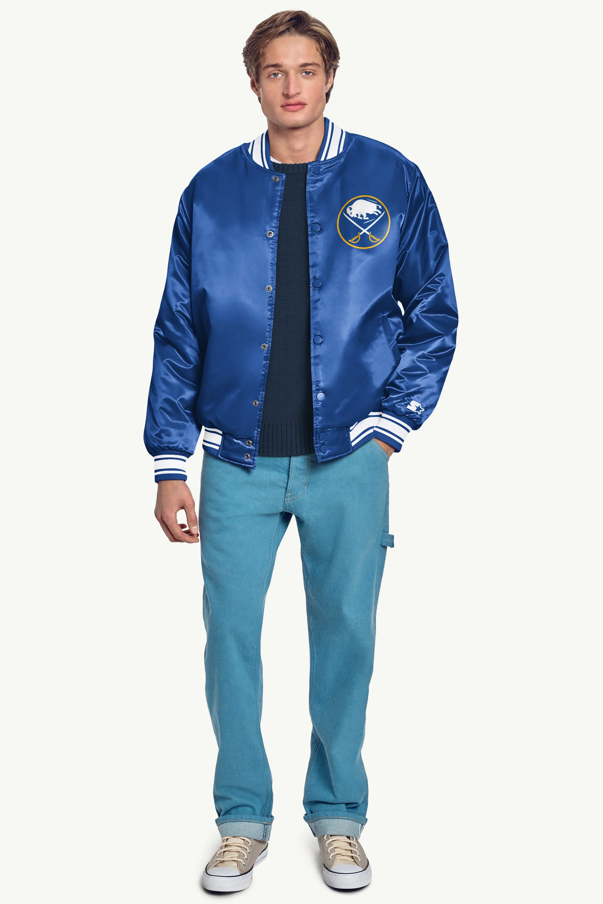 MENS BUFFALO SABRES PRINTED GRAPHIC TRIANGLE SATIN VARSITY JACKET - Image 4
