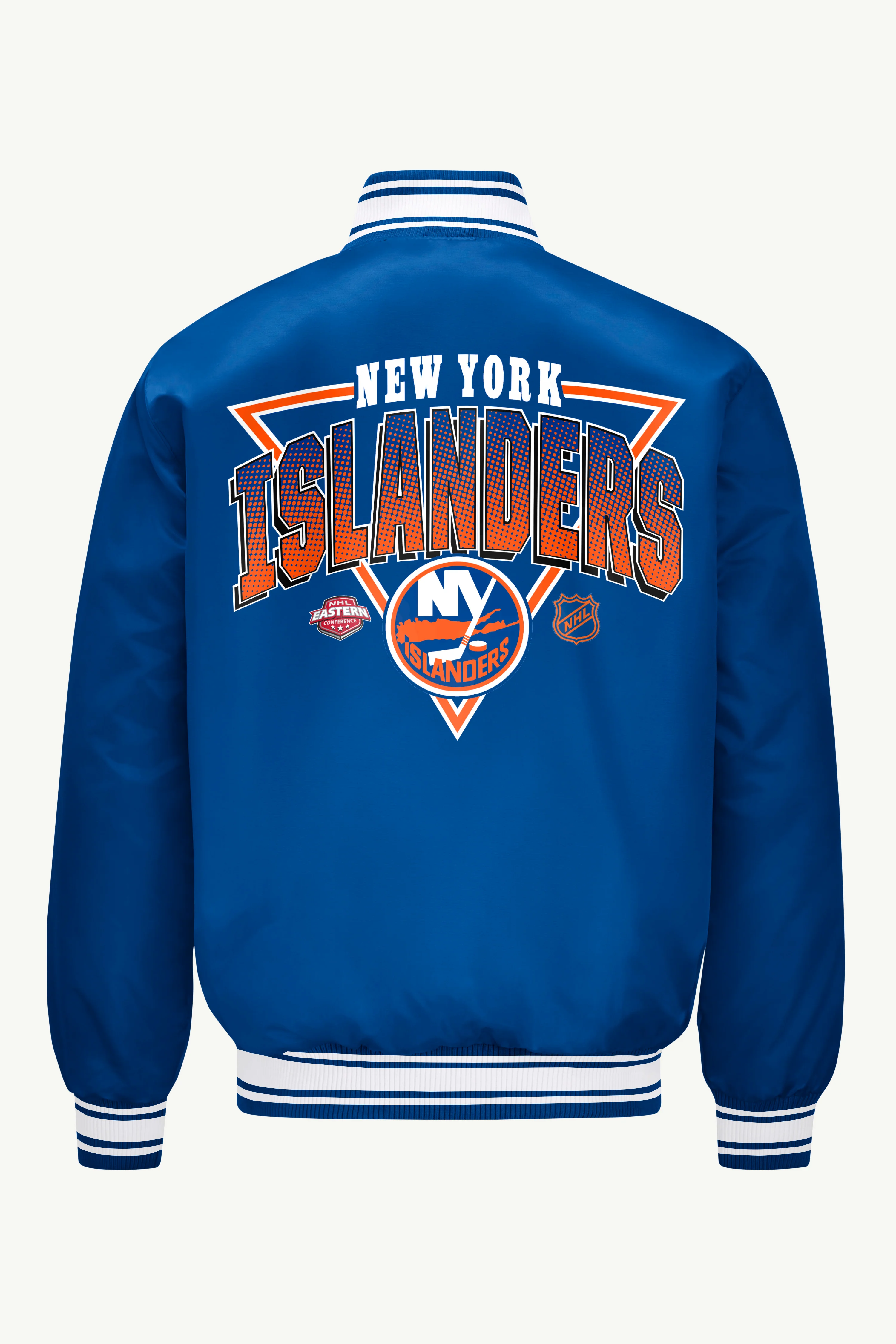 MENS NEW YORK ISLANDERS PRINTED GRAPHIC TRIANGLE SATIN VARSITY JACKET - Image 2