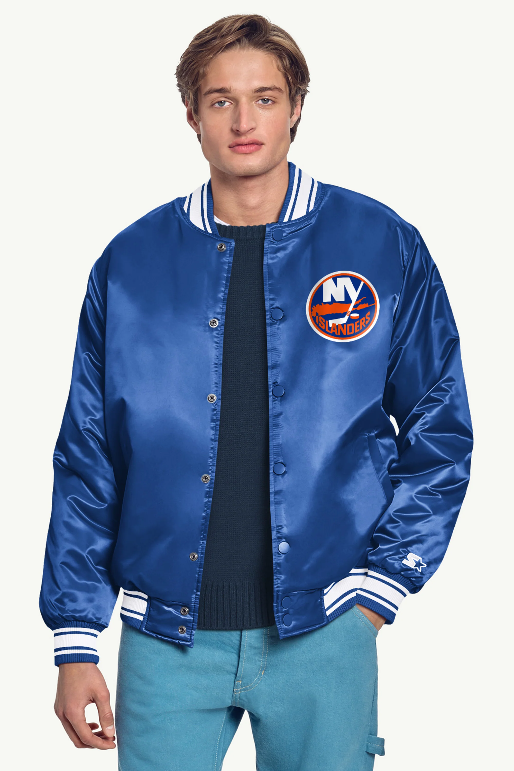 MENS NEW YORK ISLANDERS PRINTED GRAPHIC TRIANGLE SATIN VARSITY JACKET - Image 3