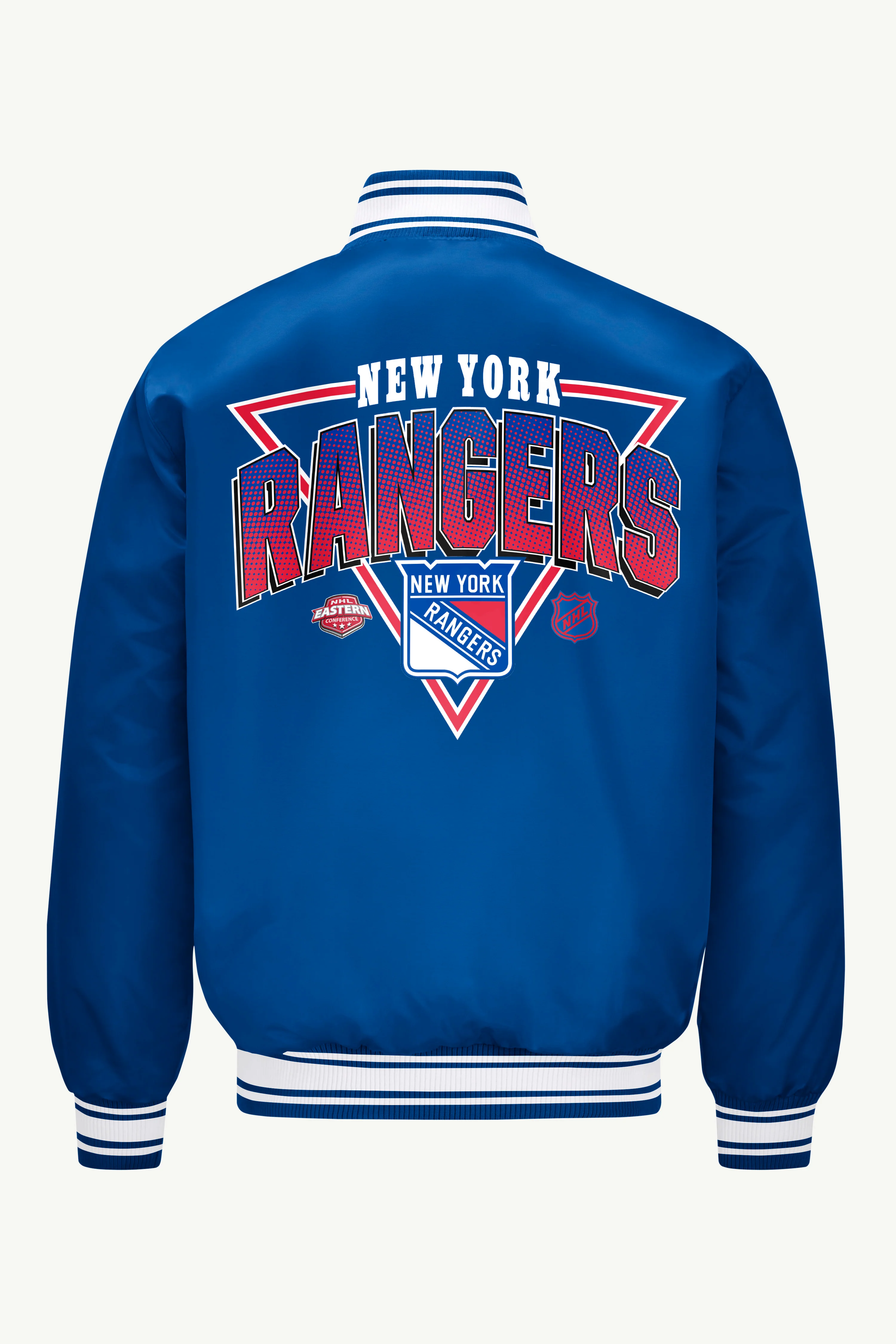 MENS NEW YORK RANGERS PRINTED GRAPHIC TRIANGLE SATIN VARSITY JACKET - Image 2