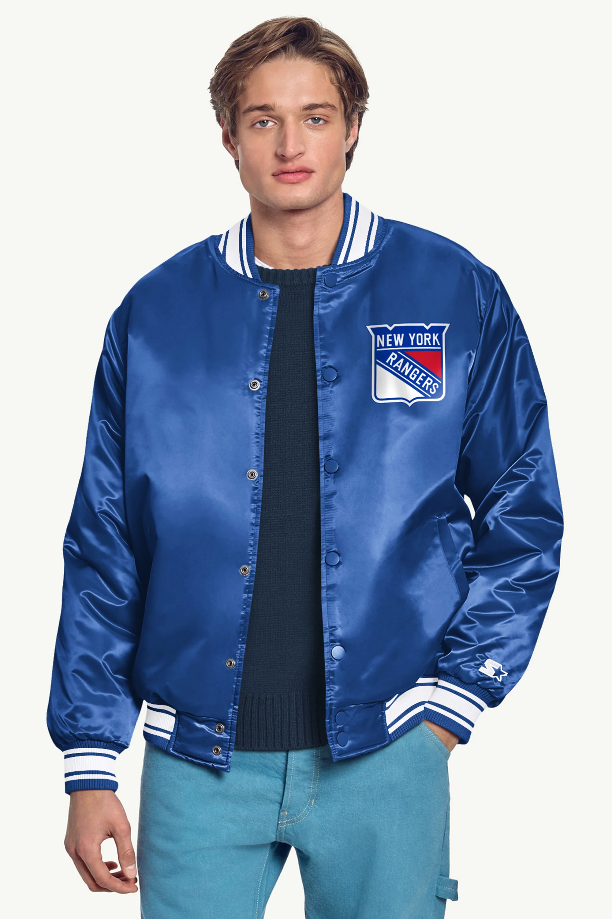MENS NEW YORK RANGERS PRINTED GRAPHIC TRIANGLE SATIN VARSITY JACKET - Image 3