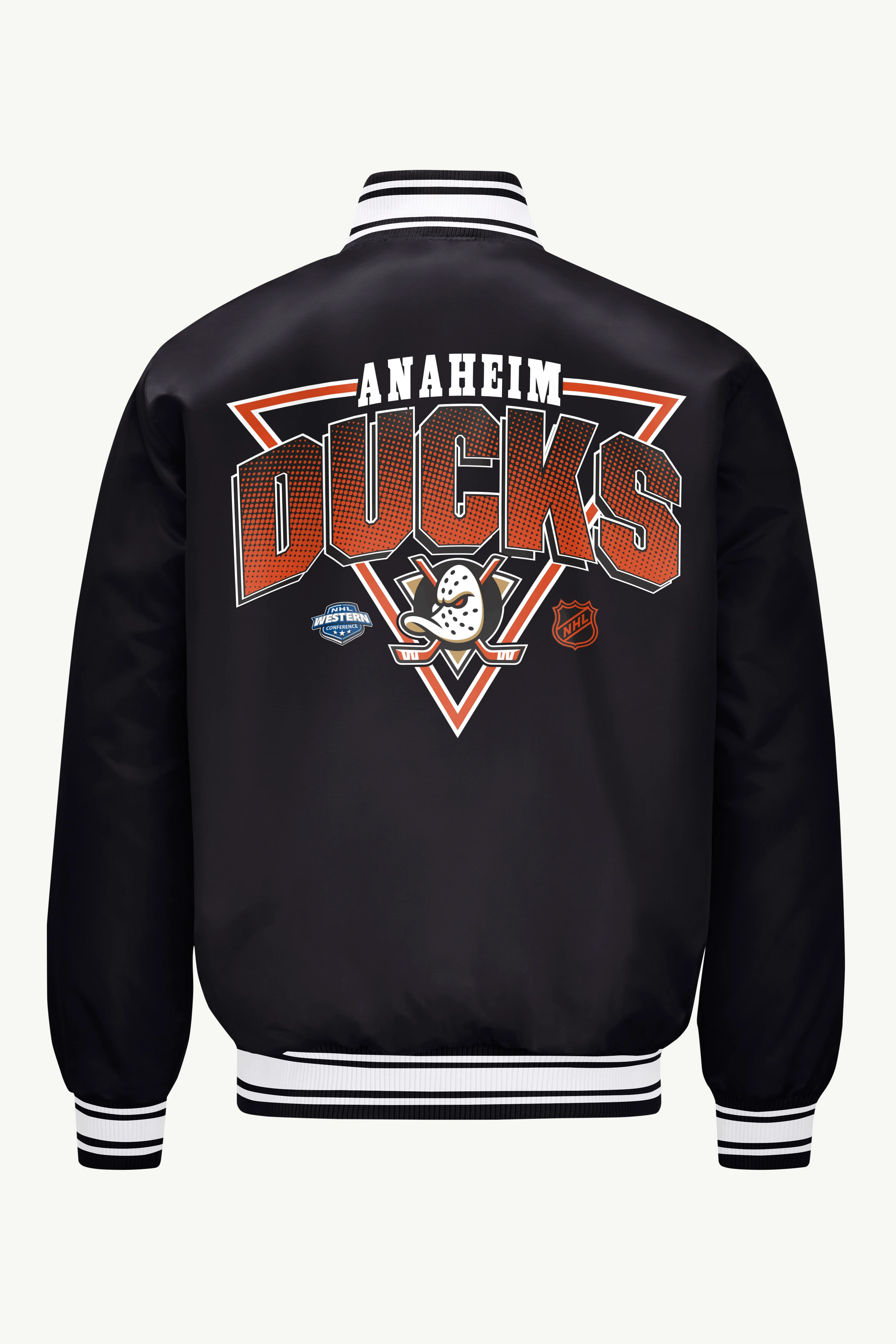 MENS ANAHEIM DUCKS TRIANGLE SATIN VARSITY JACKET - Image 2