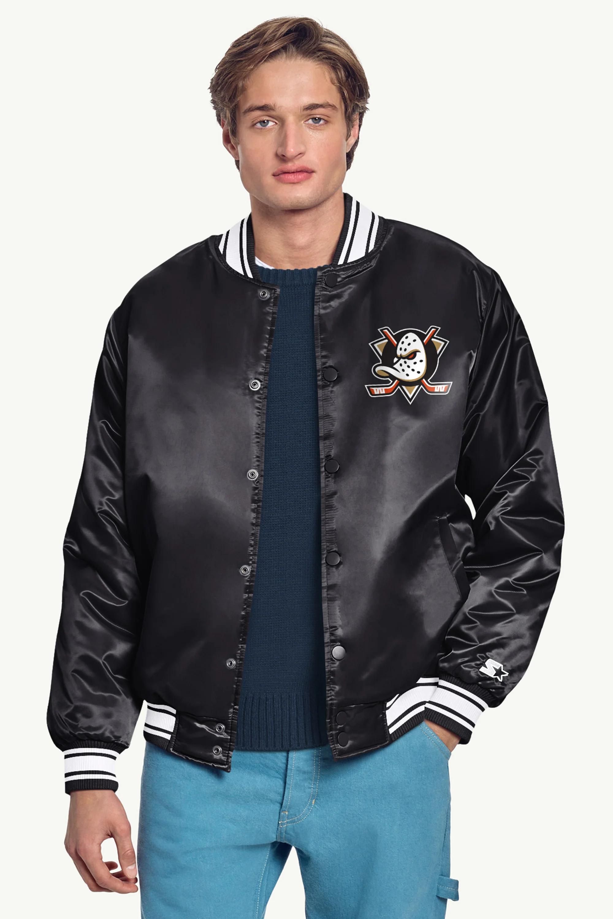 MENS ANAHEIM DUCKS TRIANGLE SATIN VARSITY JACKET - Image 3