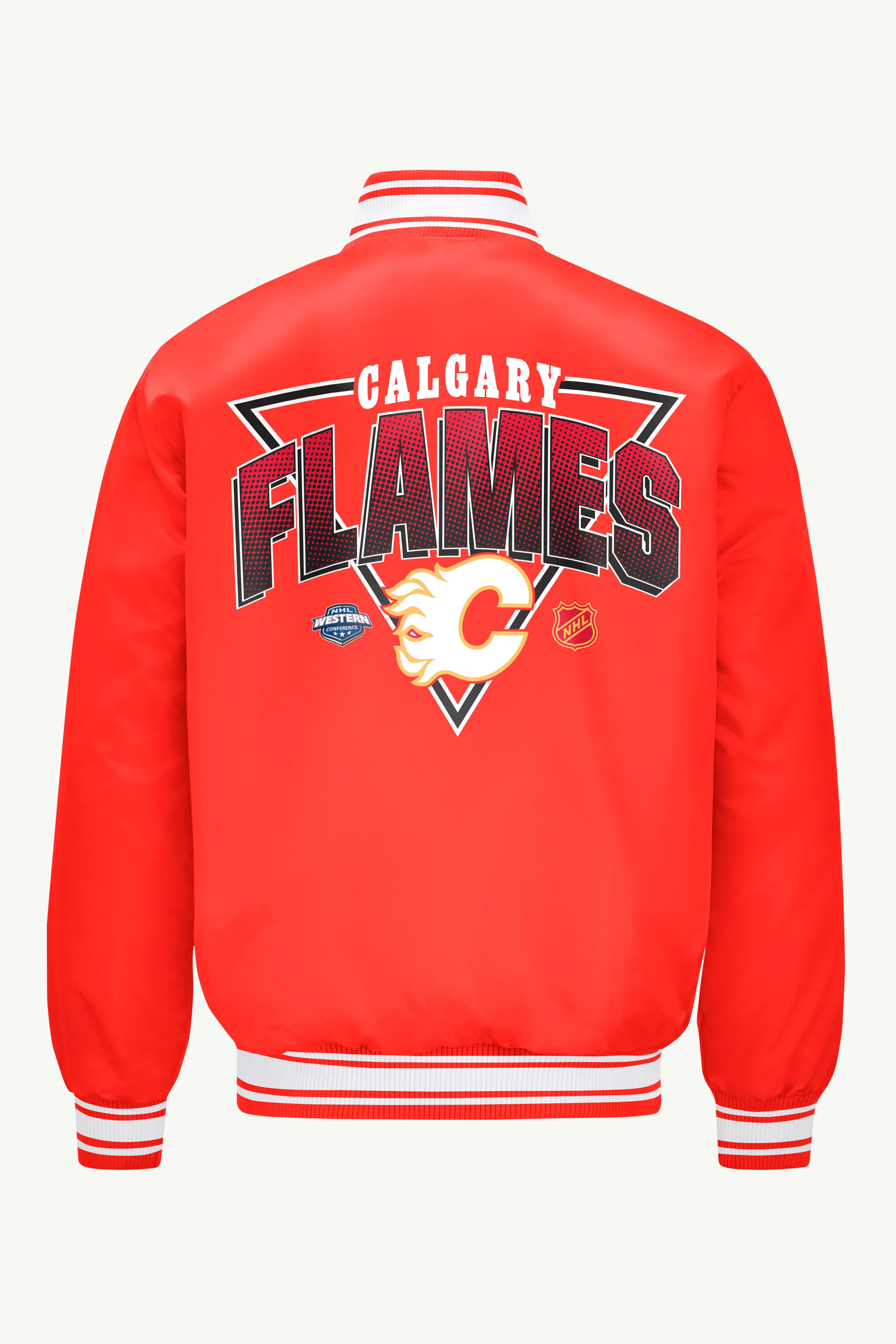 MENS CALGARY FLAMES PRINTED GRAPHIC TRIANGLE SATIN VARSITY JACKET - Image 2