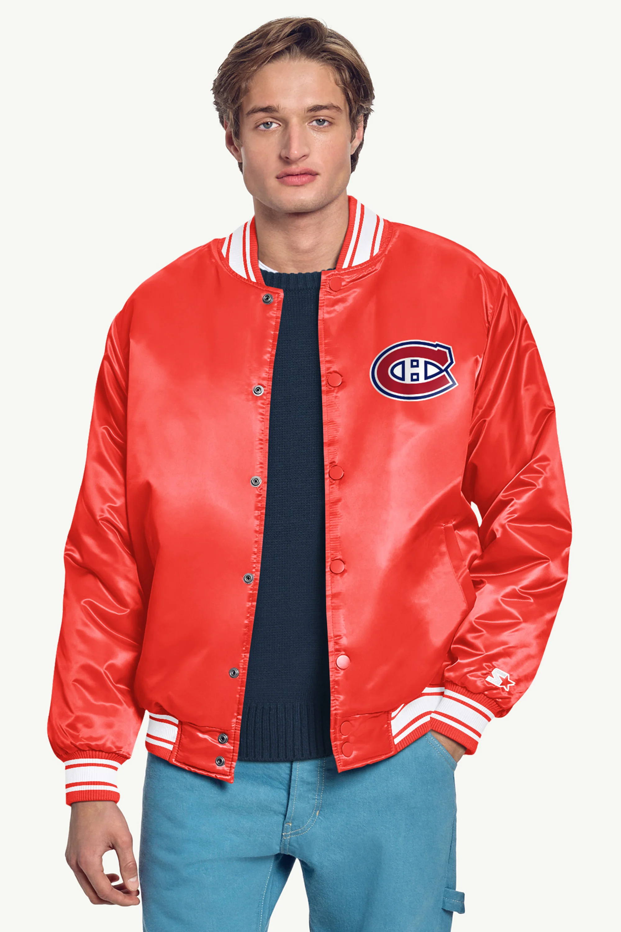 MENS MONTREAL CANADIENS PRINTED GRAPHIC TRIANGLE SATIN VARSITY JACKET - Image 3