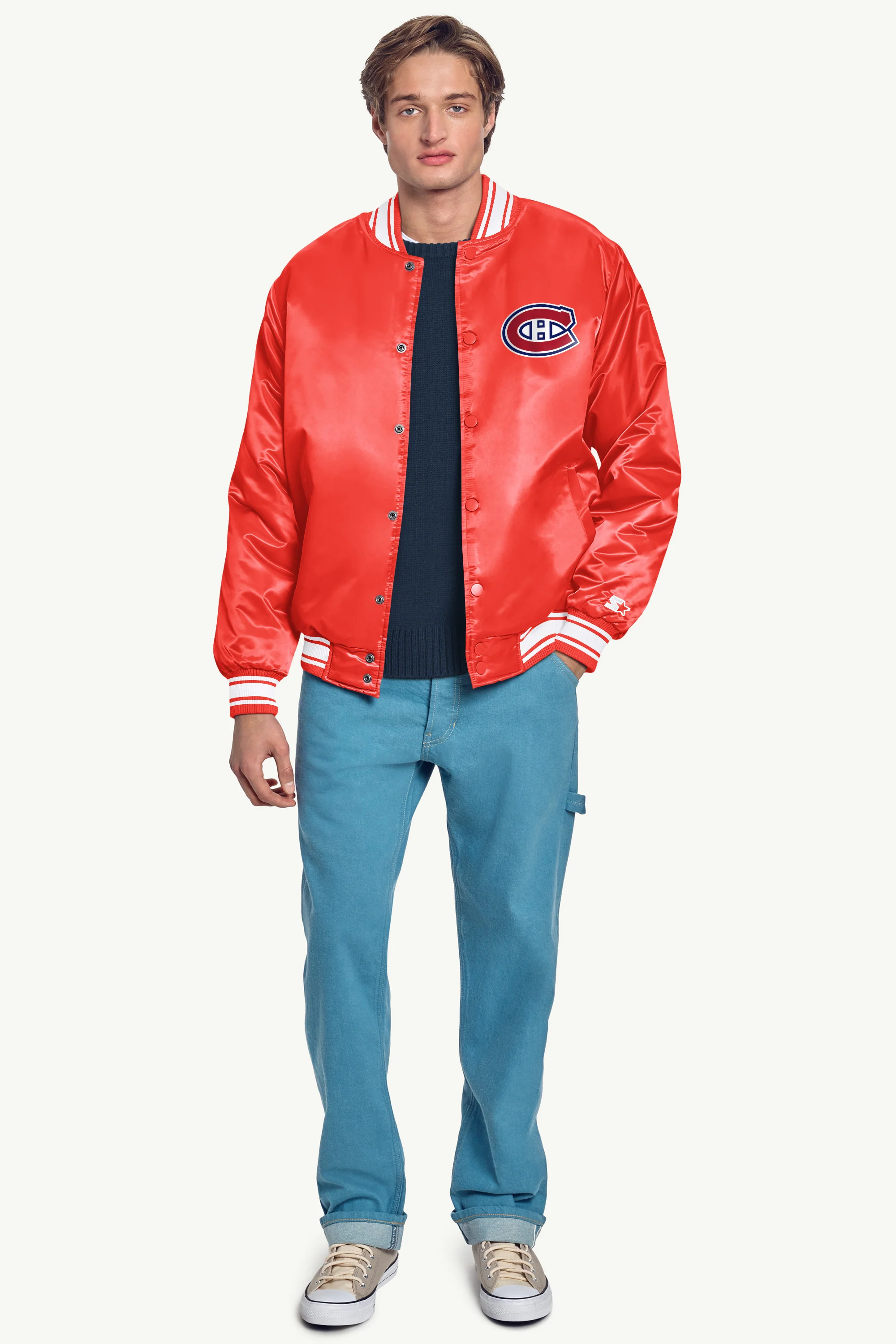 MENS MONTREAL CANADIENS PRINTED GRAPHIC TRIANGLE SATIN VARSITY JACKET - Image 4